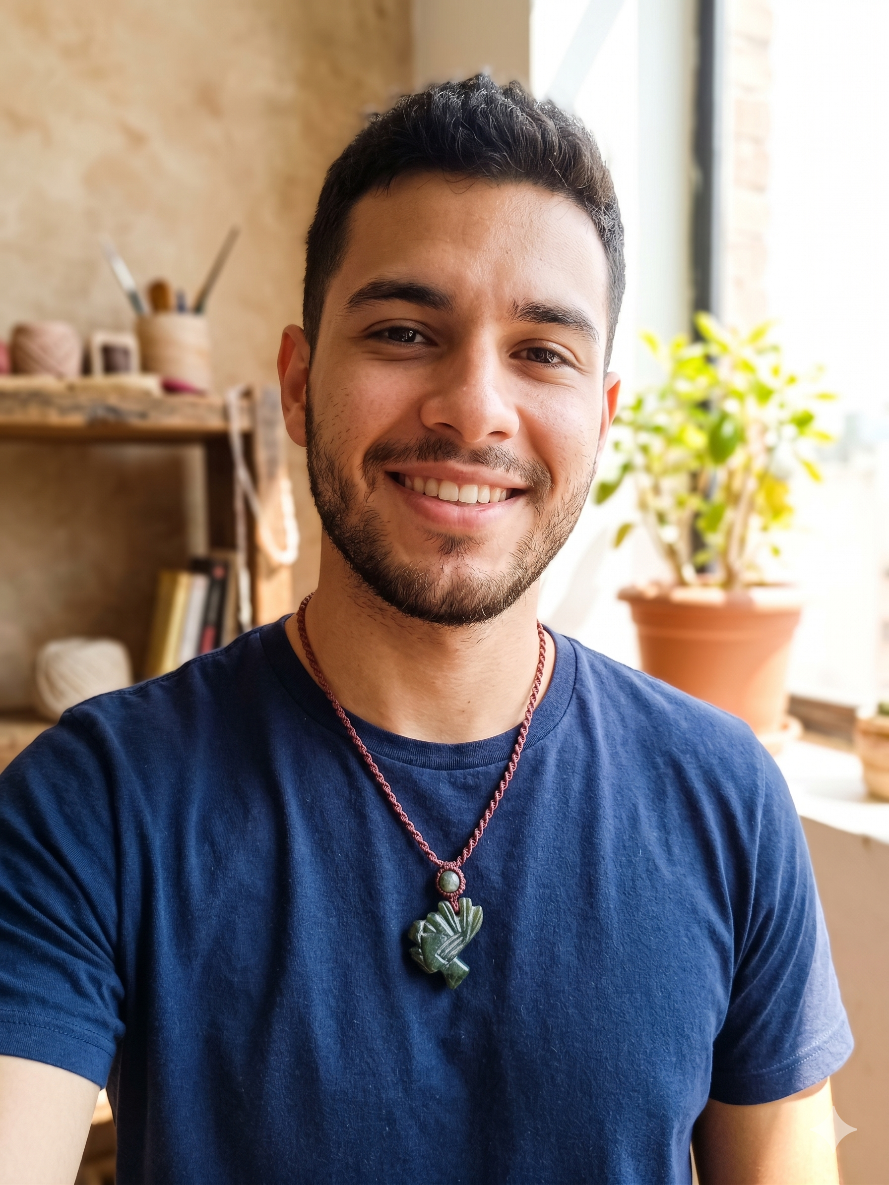 Handwoven Macrame Necklace with Inca Pachacuti Face and Natural Stone