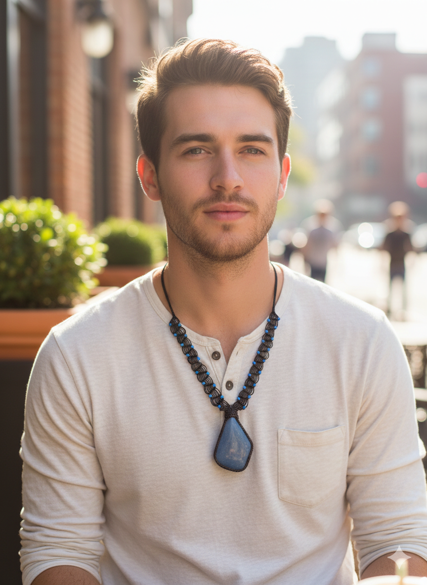 Unisex Necklace Woven Macrame Thread Natural Stone