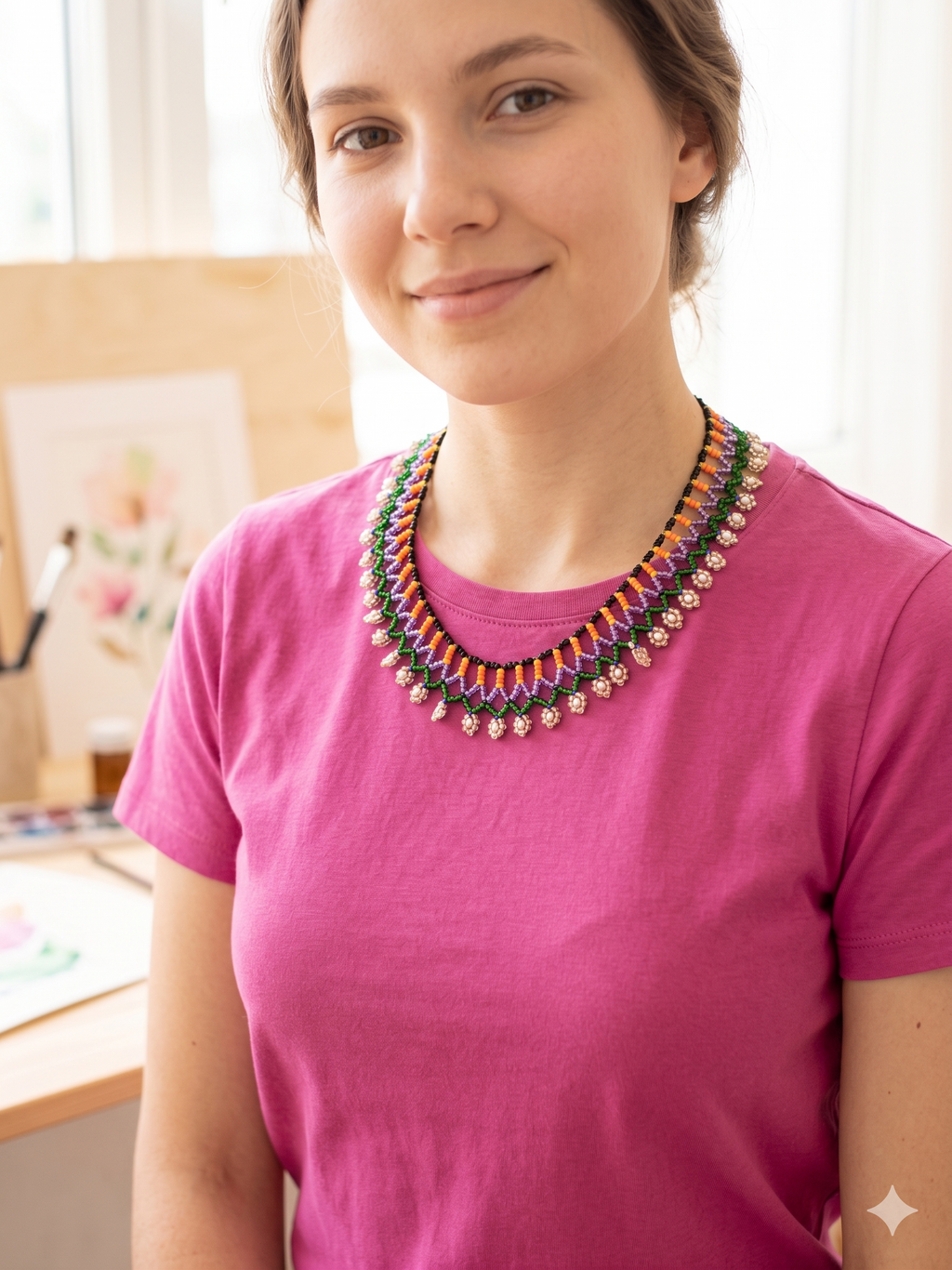 Beaded Necklace, Multicolor Choker, Geometric Floral Design