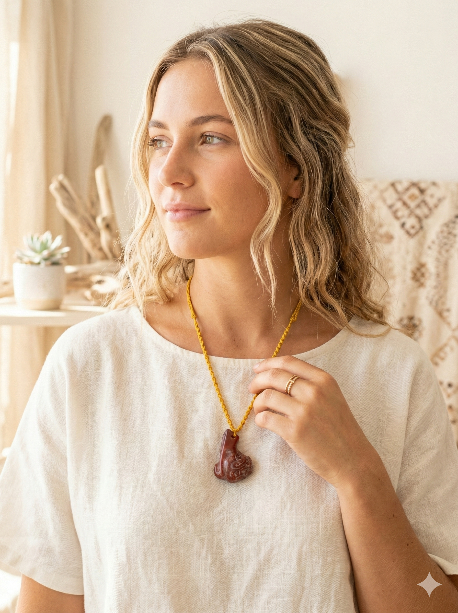 Chavín Clava Head Necklace, Hand-Carved Natural Stone, Macrame Weaving