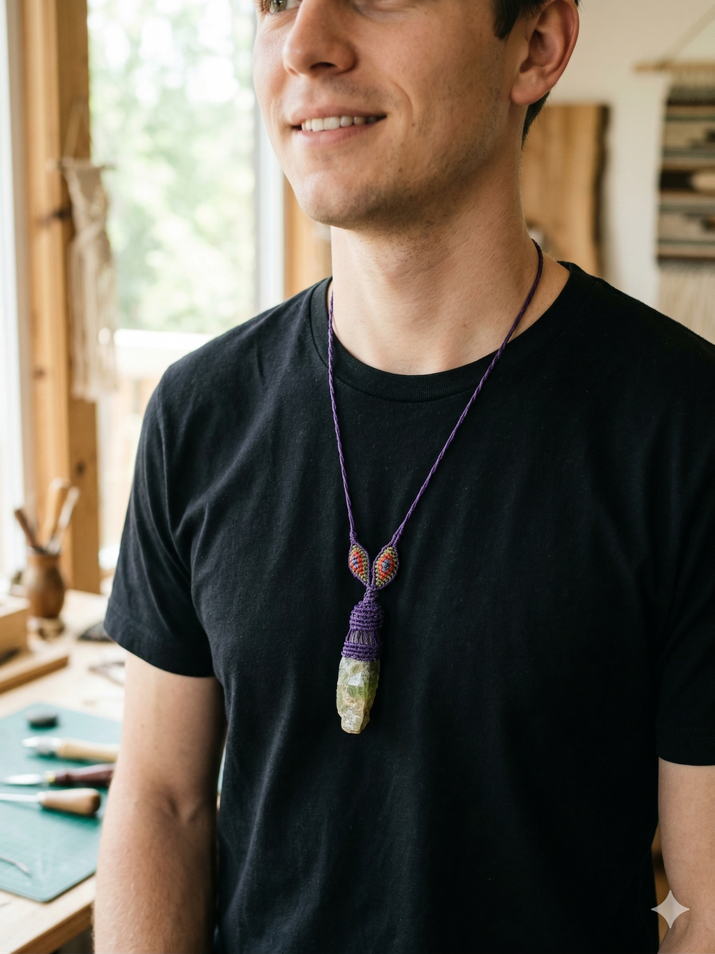 Macrame Necklace with Natural Green Stone, Hand-Woven Spiritual Amulet