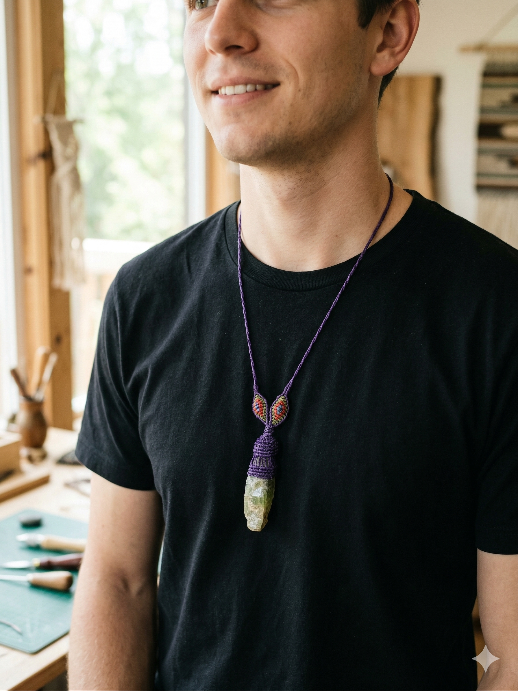 Macrame Necklace with Natural Green Stone, Hand-Woven Spiritual Amulet