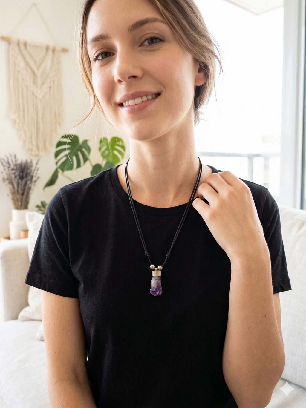 Handmade Natural Amethyst Necklace Pendant with Adjustable Cord