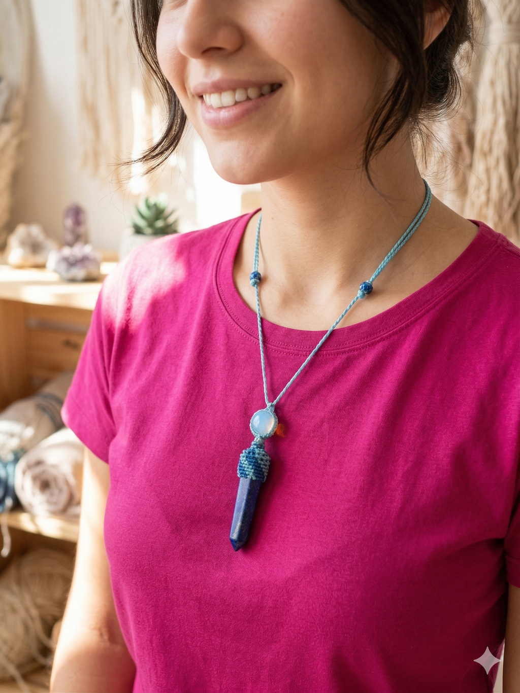 Natural Sodalite Macrame Necklace, Hand-Woven Spiritual Amulet