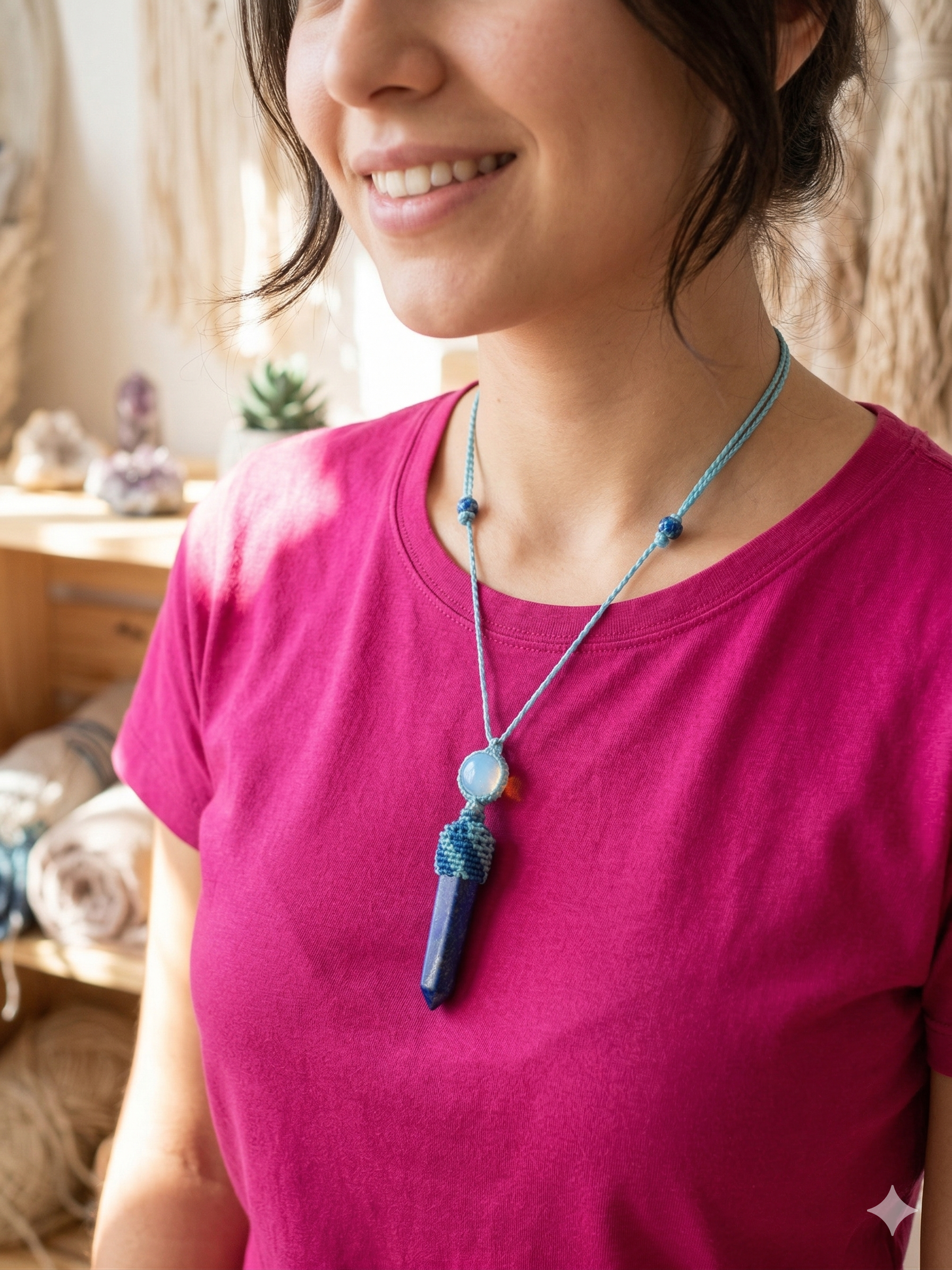 Natural Sodalite Macrame Necklace, Hand-Woven Spiritual Amulet