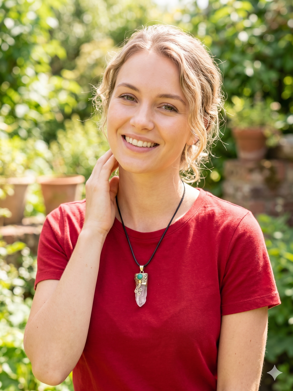 Handmade Necklace with Natural Crystal Quartz and Turquoise Inlay in Alpaca