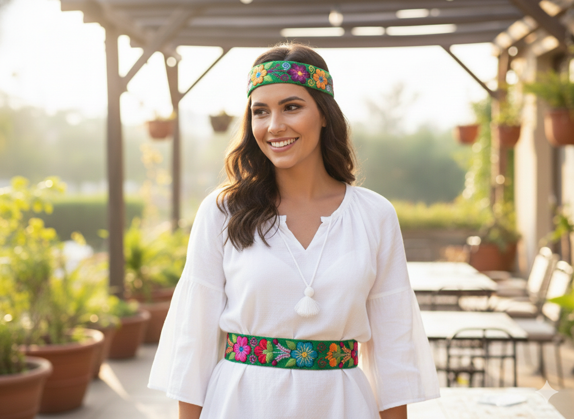 Handmade Floral Embroidered Belt and Headband Set - Peruvian Craftsmanship