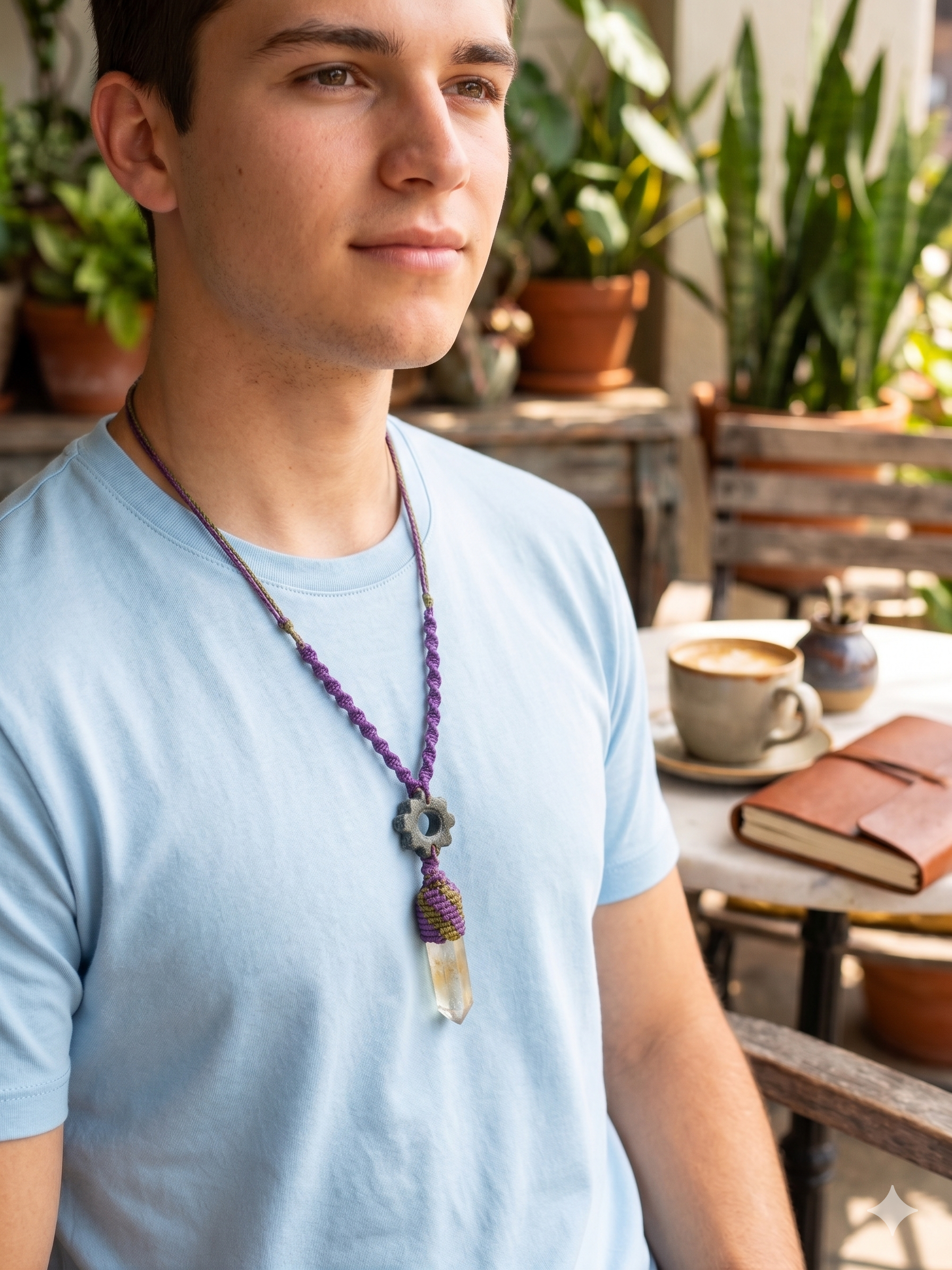 Handmade Macrame Necklace, Andean Inca Chakana, Quartz Crystal