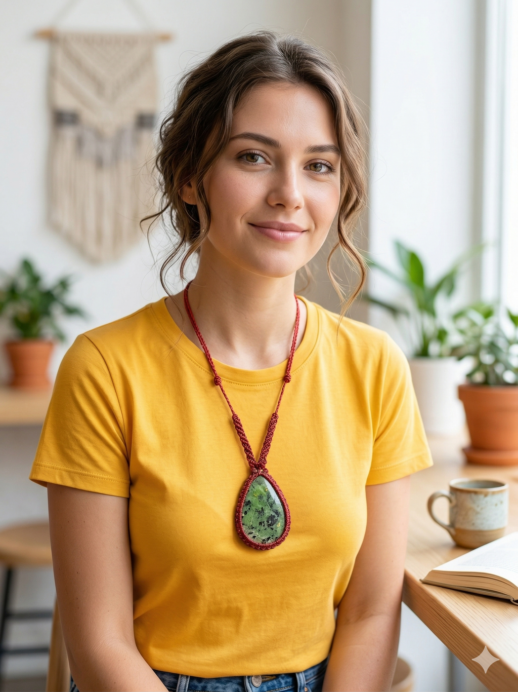 Handmade Macrame Necklace with Natural Serpentine, Spiritual Amulet