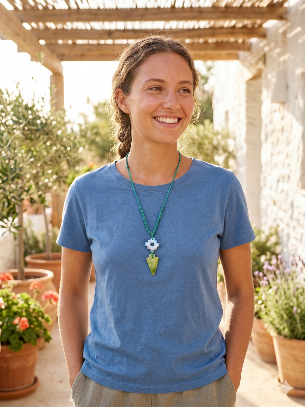 Chakana Macrame Necklace with Natural Serpentine and Healing Moonstone