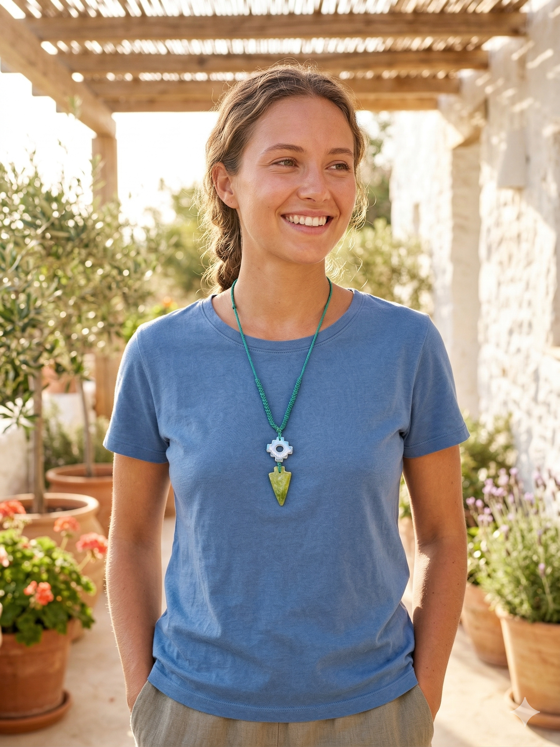 Chakana Macrame Necklace with Natural Serpentine and Healing Moonstone