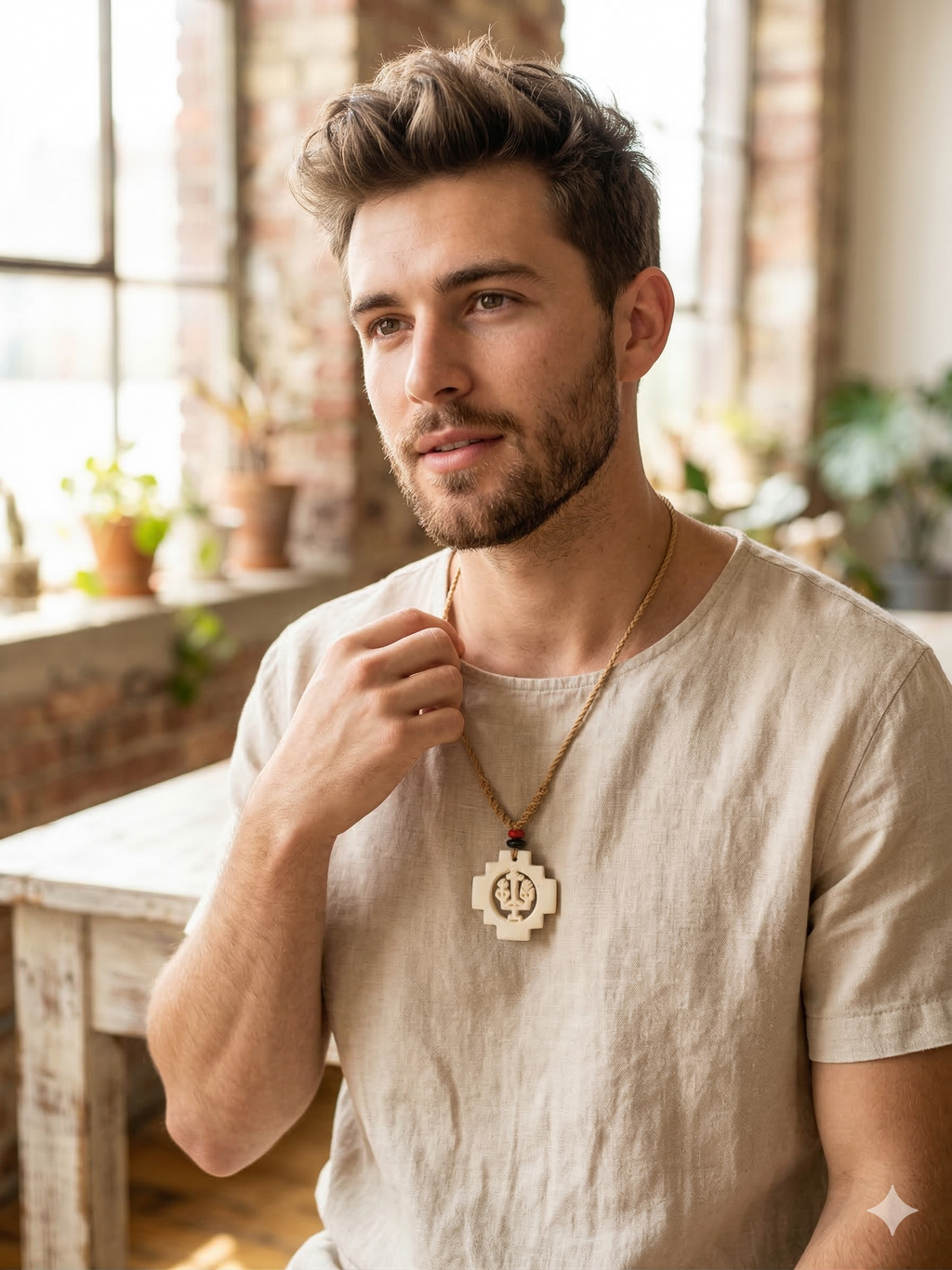 Hand-carved Chakana necklace, Andean cross, macrame thread, spiritual craftsmanship