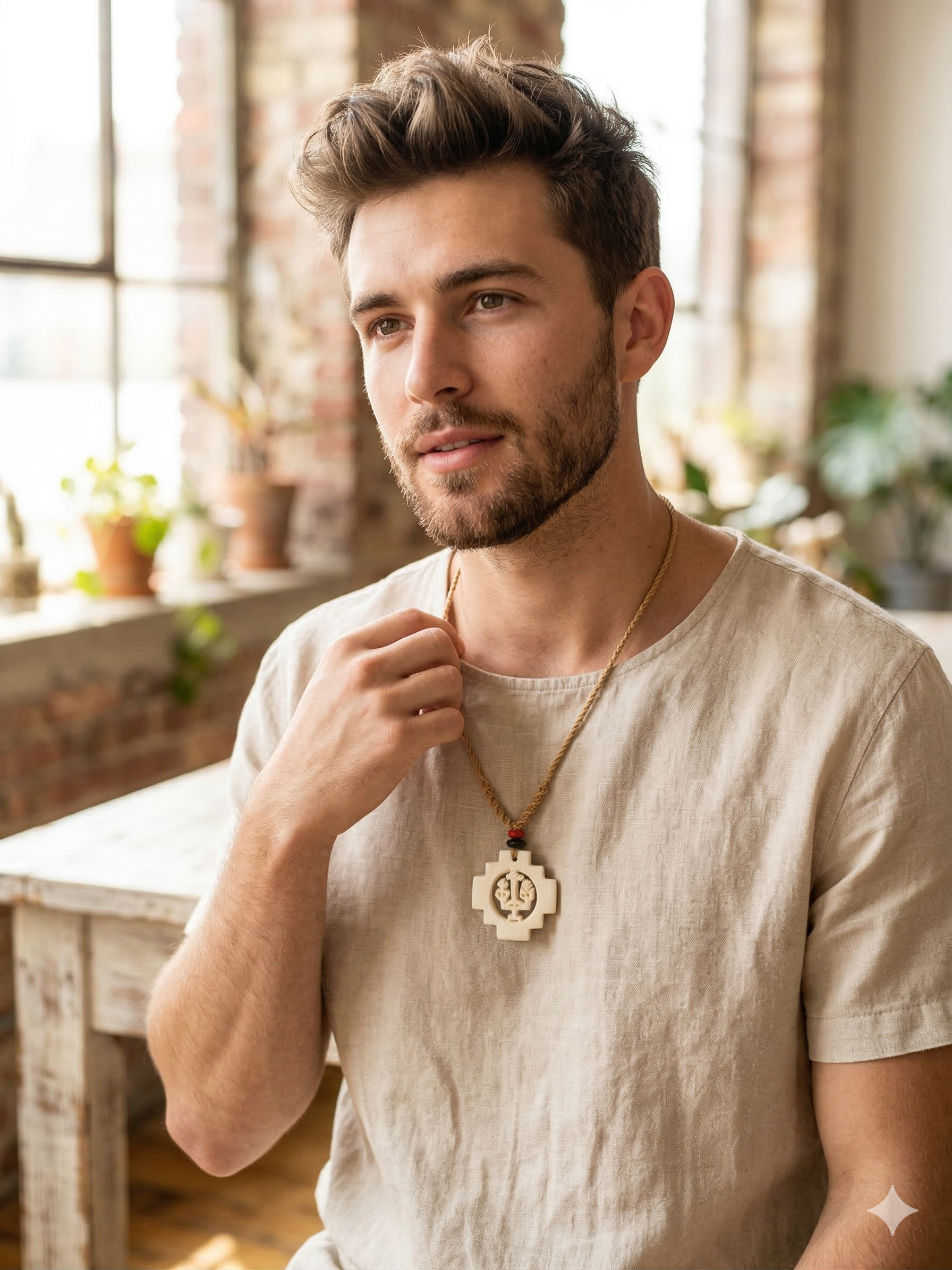 Hand-carved Chakana necklace, Andean cross, macrame thread, spiritual craftsmanship