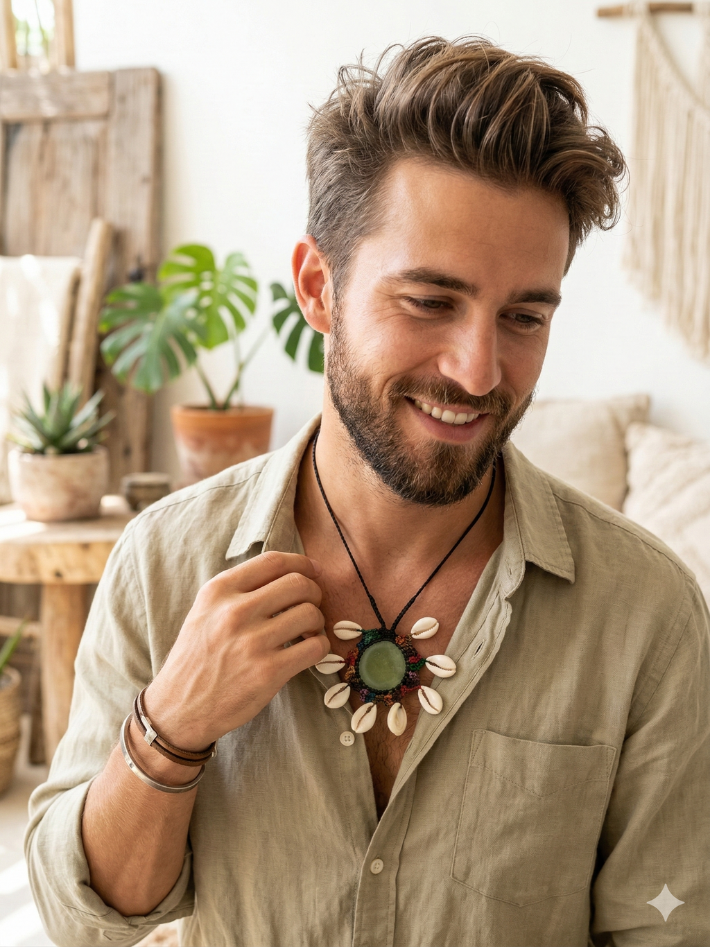 Macrame Necklace with Natural Serpentine Stone and Handmade Snails