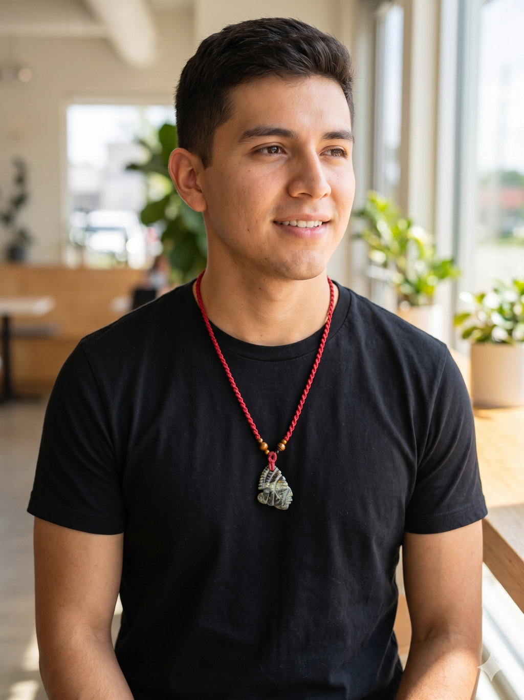 Red Macrame Necklace with Carved Natural Stone Pendant
