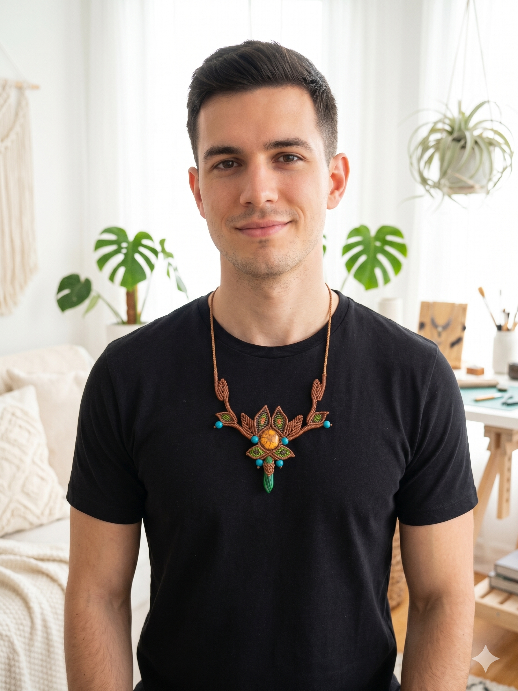 Handmade Macrame Necklace with Natural Turquoise Ayahuasca Flower