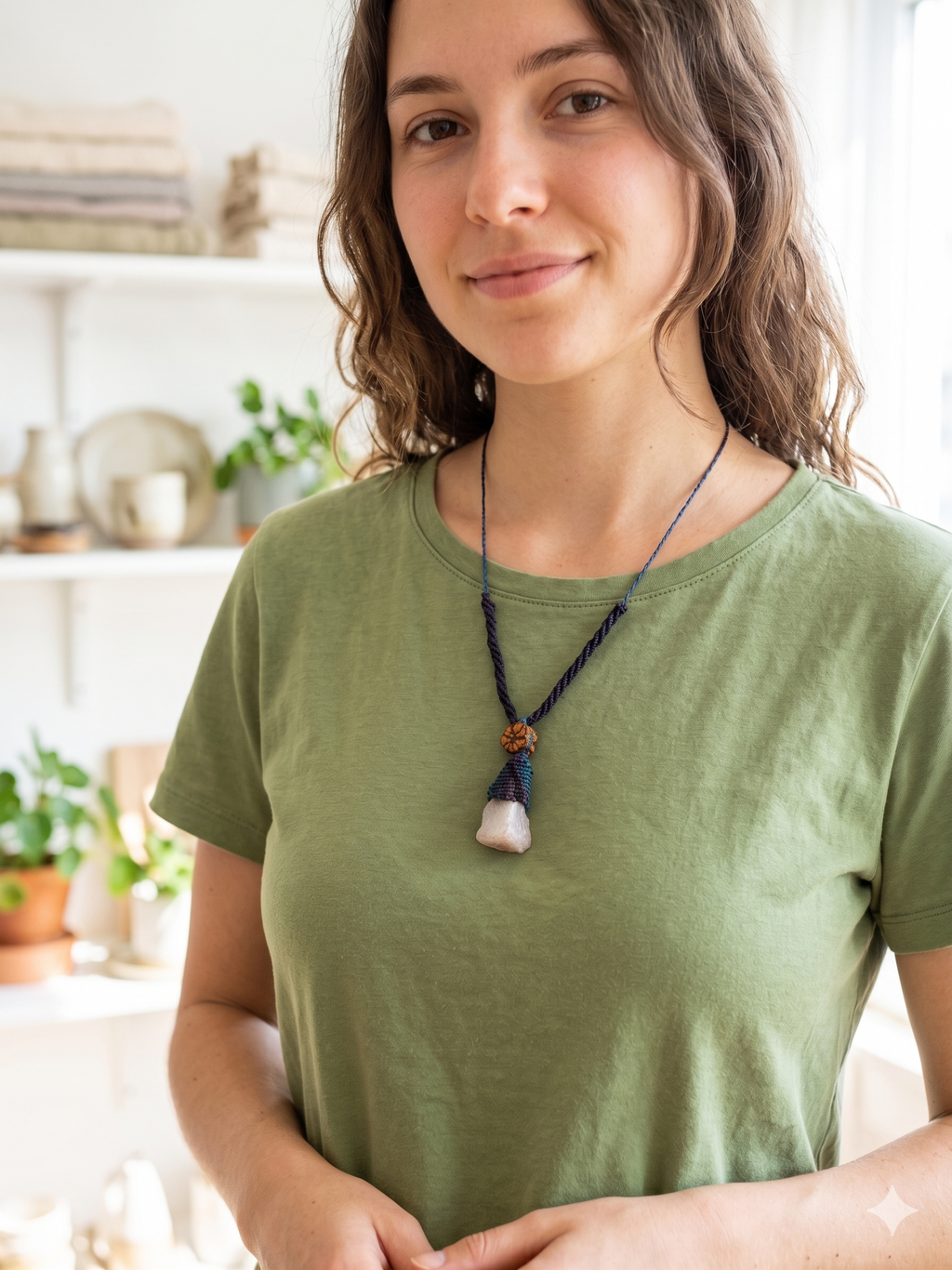 Natural Rose Quartz Necklace, Ayahuasca Flower Macrame Spiritual Amulet