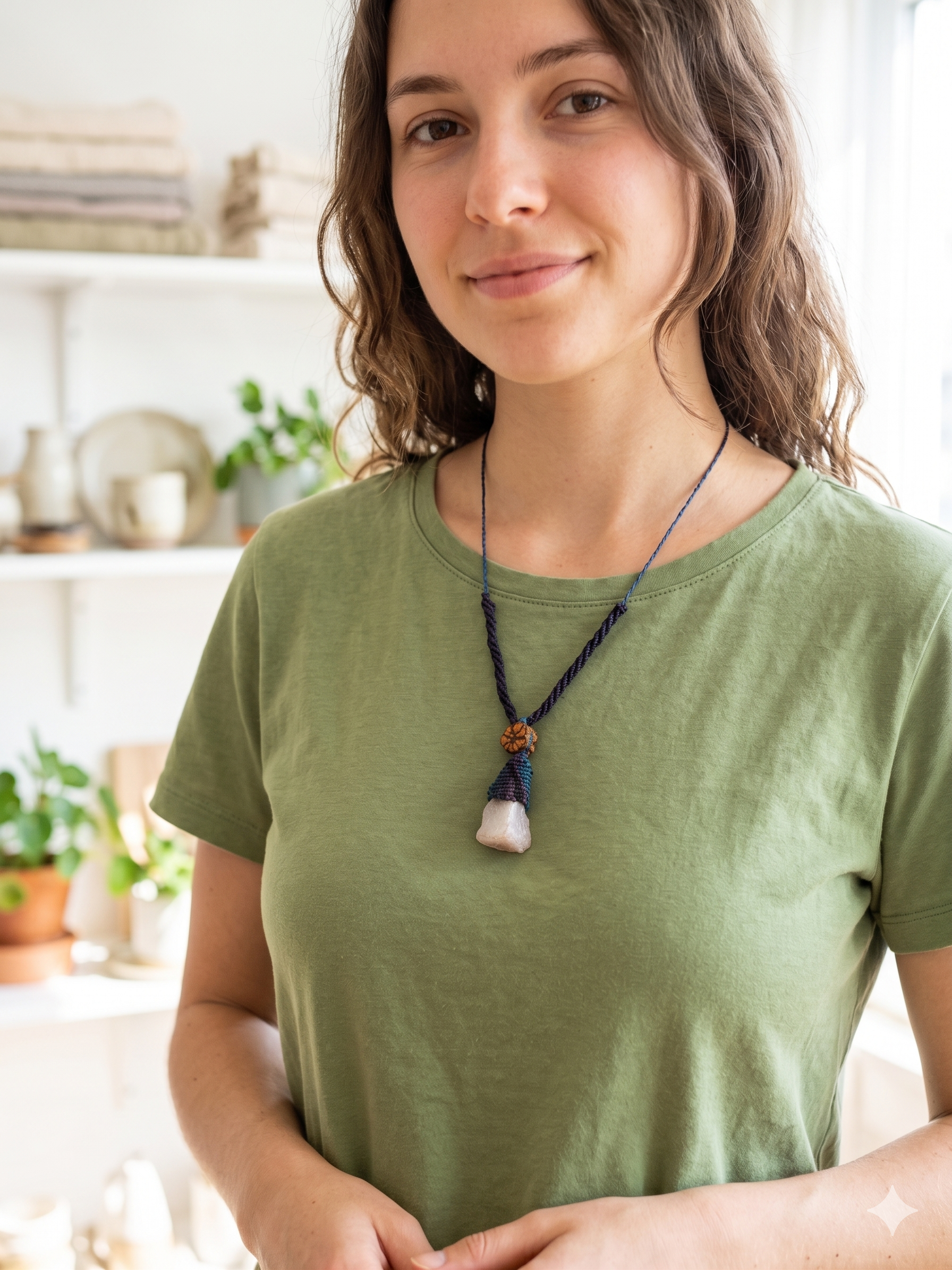 Natural Rose Quartz Necklace, Ayahuasca Flower Macrame Spiritual Amulet