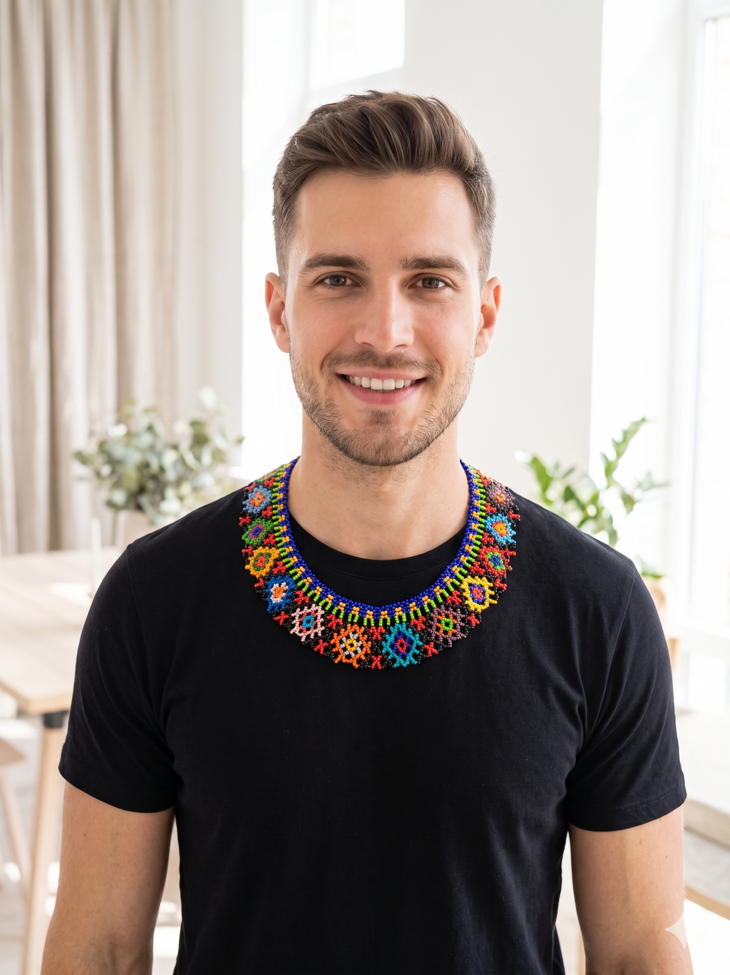 Handwoven Beaded Necklace, Geometric Multicolor Design, Craft