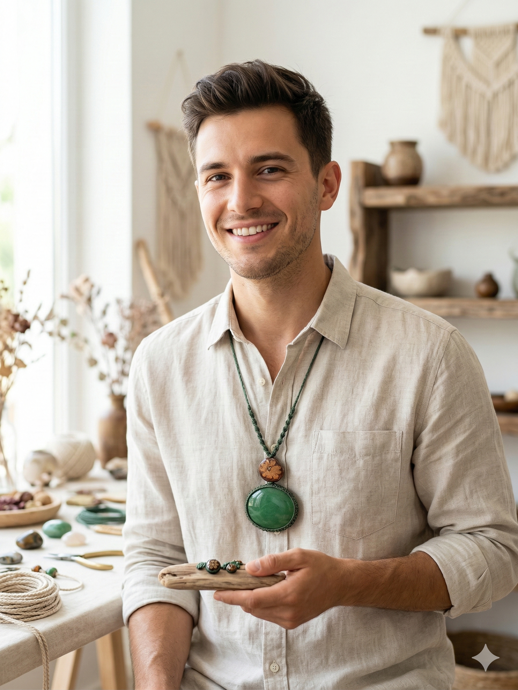 Macrame Necklace with Serpent Flower, Ayahuasca, and Natural Green Stone