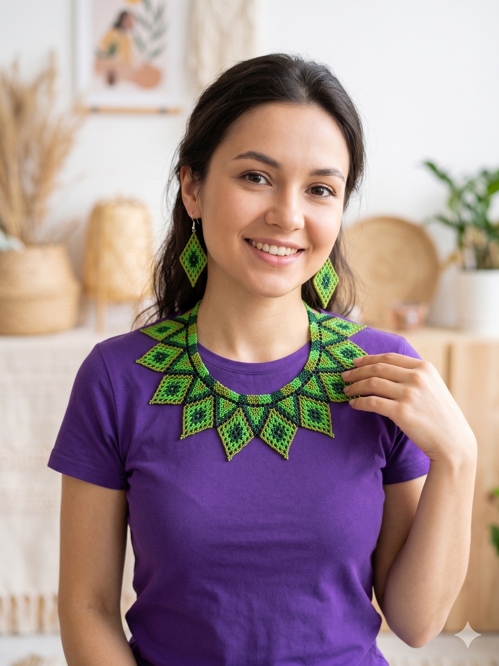 Necklace and Earrings Set, Hand-Beaded Geometric Design