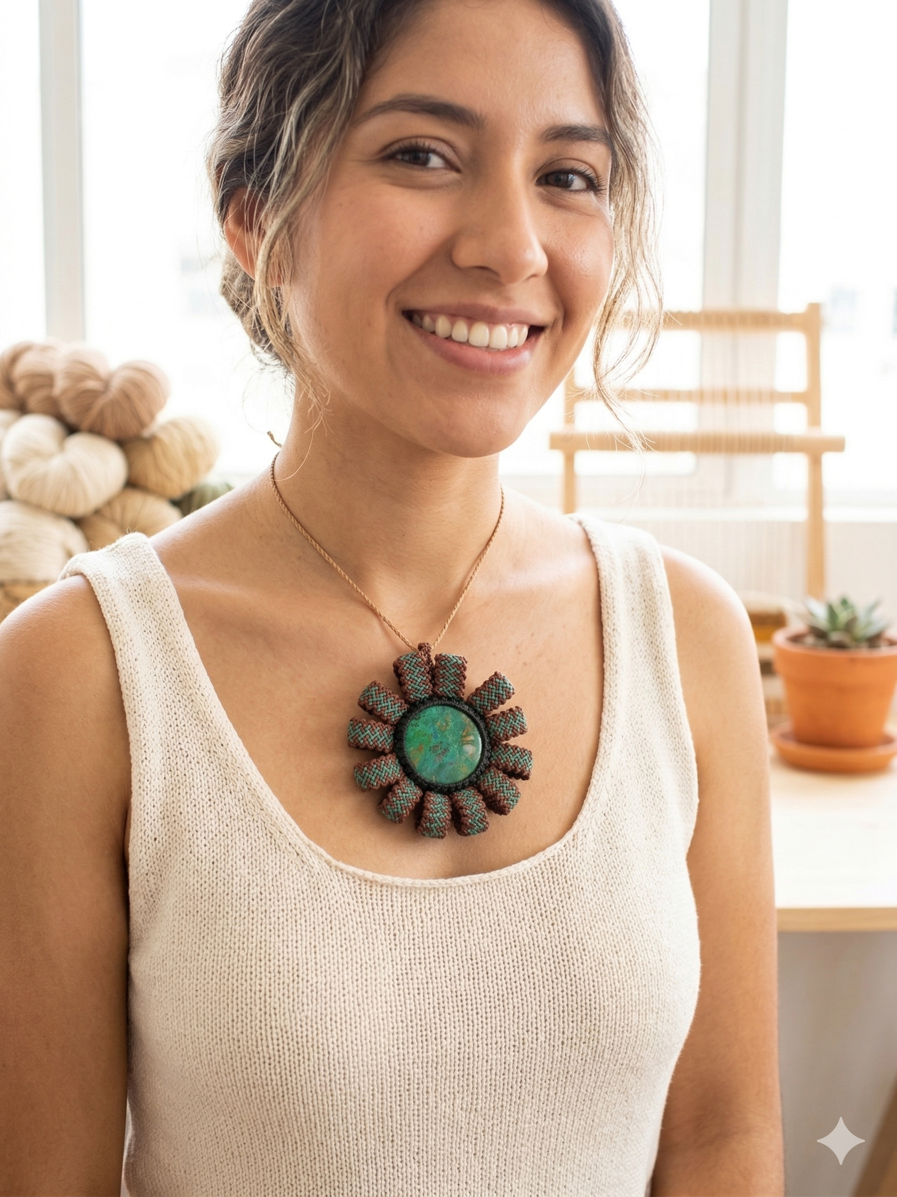 Macrame Necklace with Natural Green Stone Mandala Hand-woven