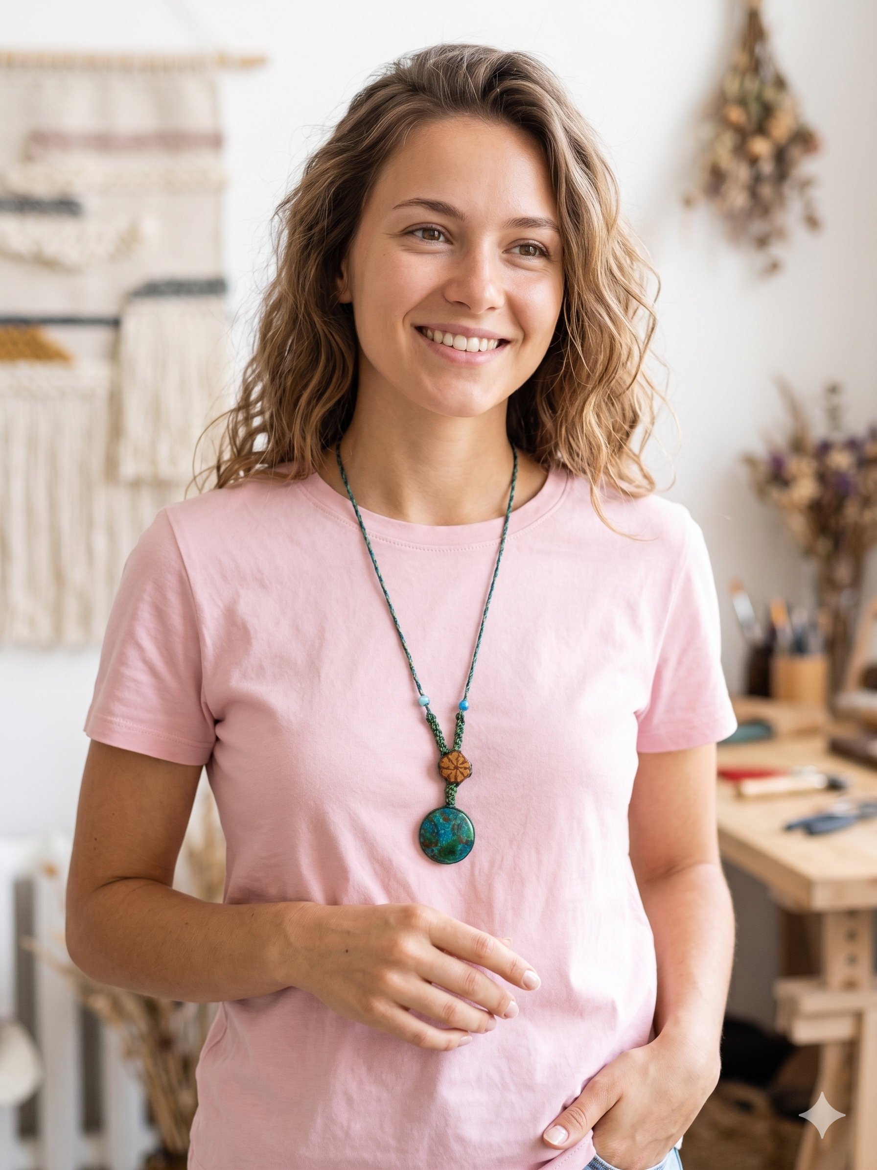 Macrame Necklace with Natural Turquoise and Ayahuasca Flower