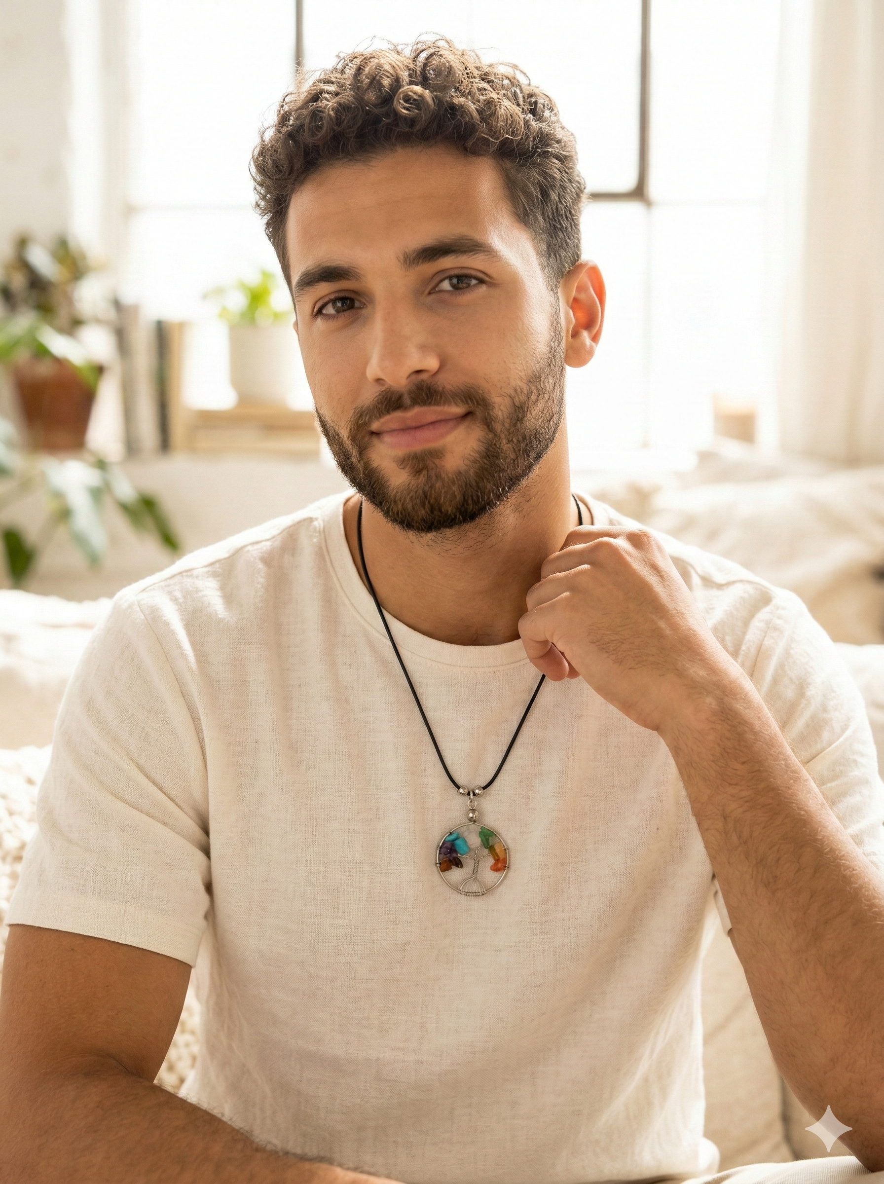 Tree of Life Necklace with 7 Chakras, Handmade with Natural Stone and Adjustable Thread