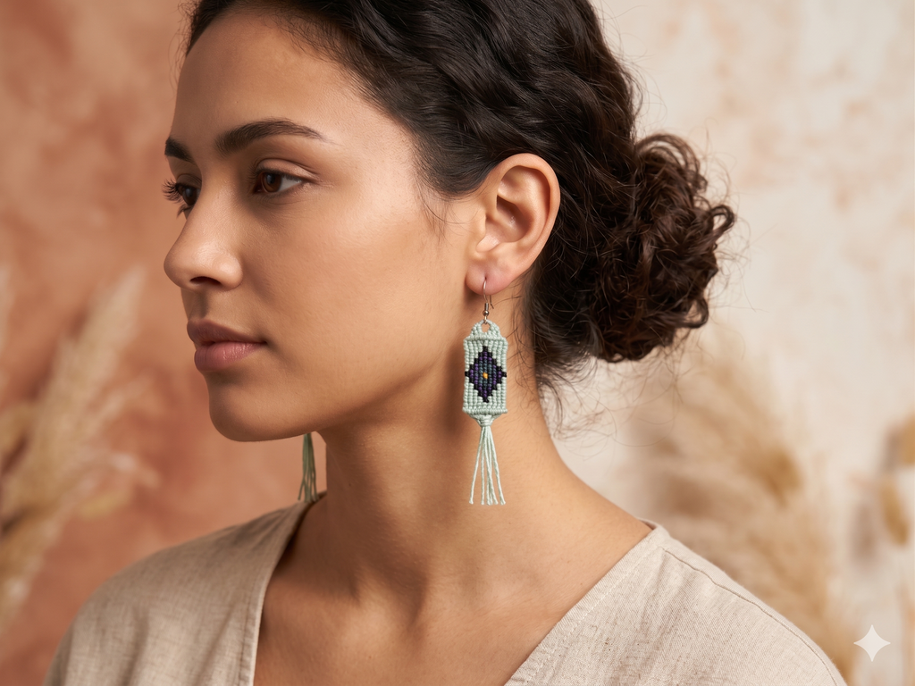 Macrame Fringe Earrings with Geometric Diamond Design