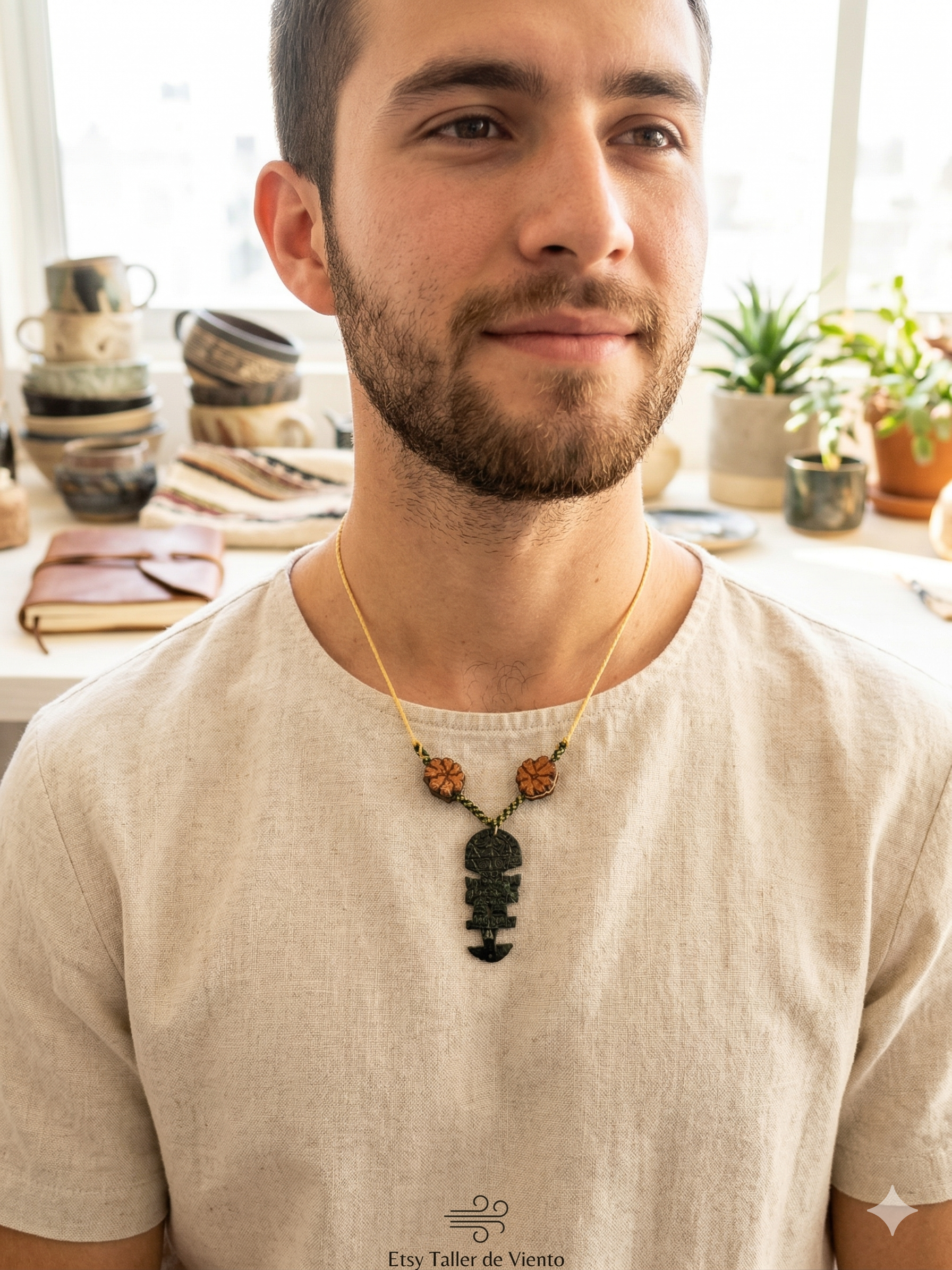 Handmade Necklace with Tumi Stone, Ayahuasca Flower, and Protective Amulet