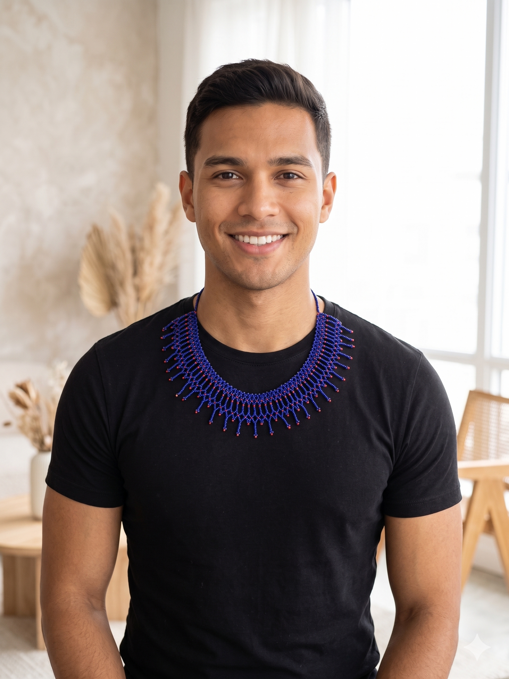 Handmade Blue and Red Beaded Necklace, Artisan Choker with Fringe