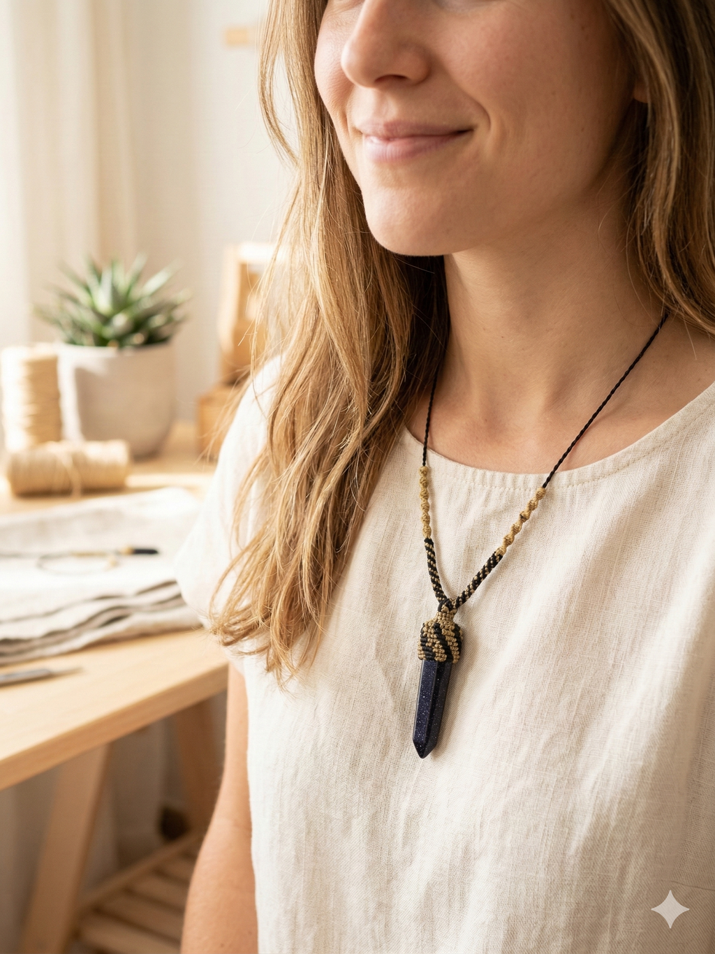 Handmade Natural Sodalite Necklace, Crystal Point Pendant, Spiritual Macrame