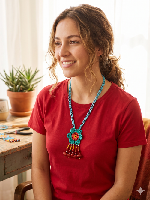 Hand-woven flower necklace with multicolored beads and natural seeds