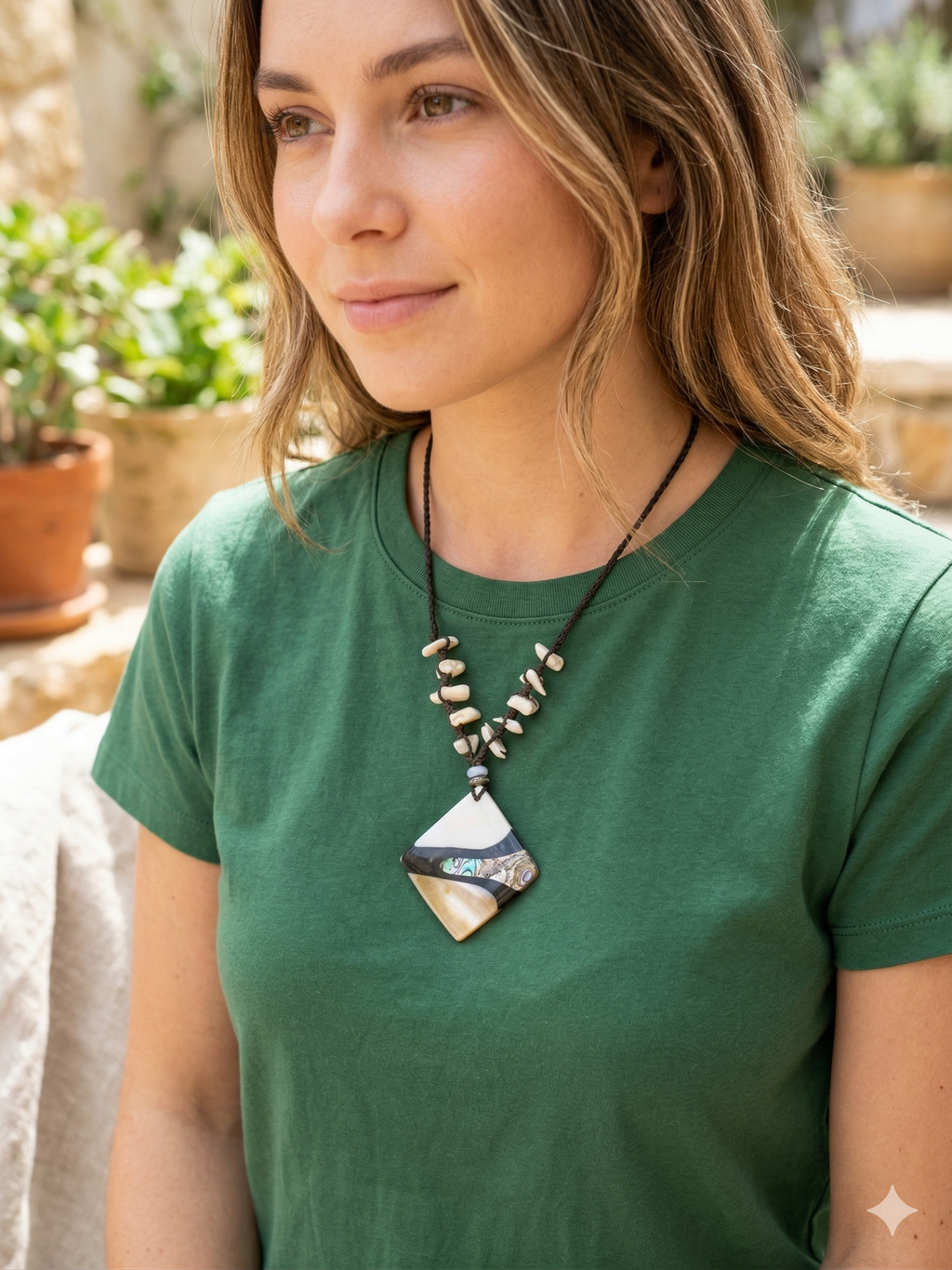 Handmade Macrame Mother-of-Pearl Necklace, Geometric Mother-of-Pearl Shell Pendant