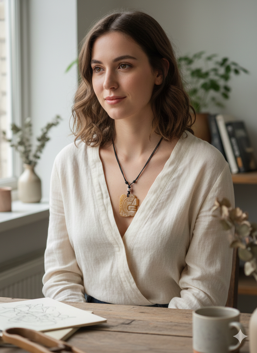 Hand-carved natural stone necklace with Inca face pendant
