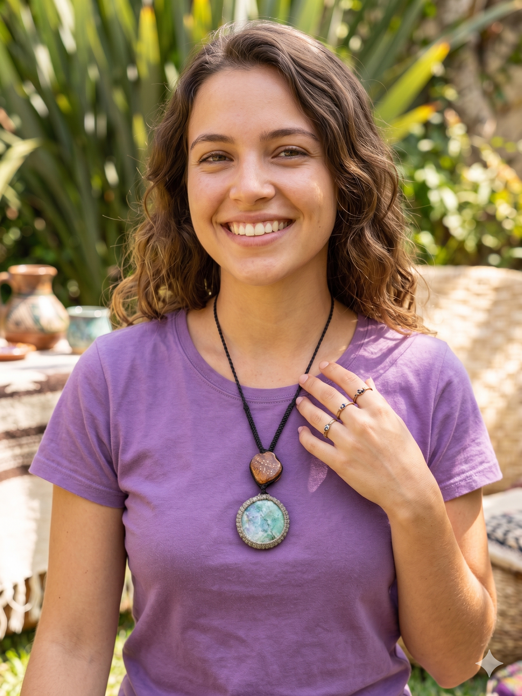 Natural Turquoise Macrame Necklace, Handmade Spiritual Amulet