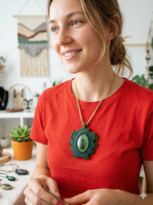 Green Macrame Hand-Woven Temple Fly Amulet Necklace