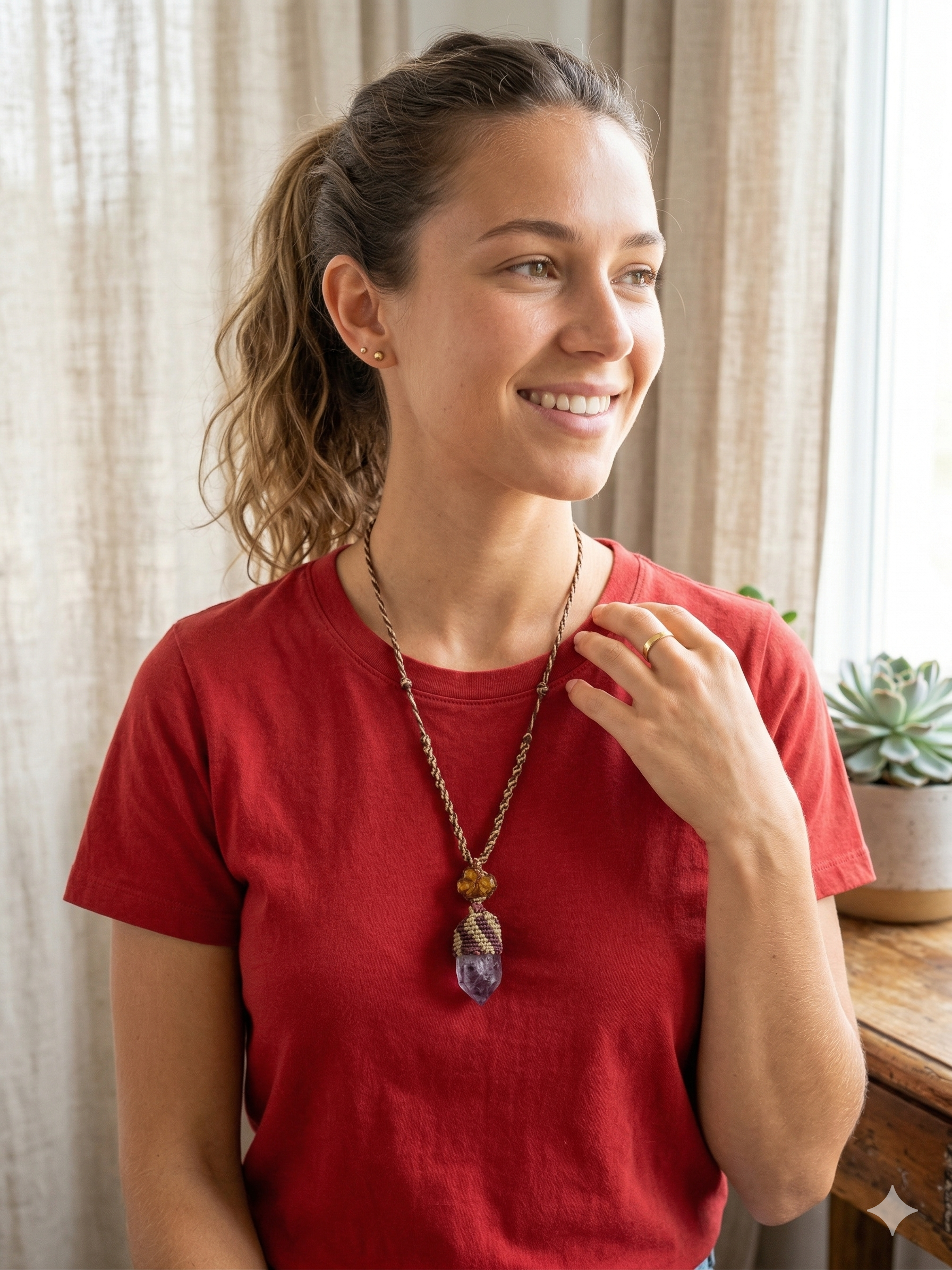 Natural Amethyst Necklace Macrame Handwoven Stone Healing Tranquility
