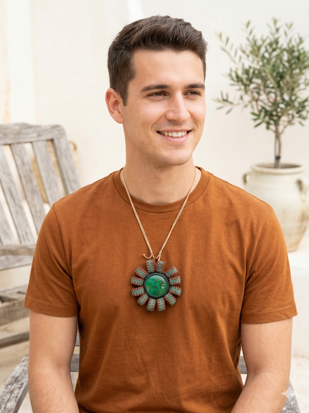 Macrame Necklace with Natural Green Stone Mandala Hand-woven