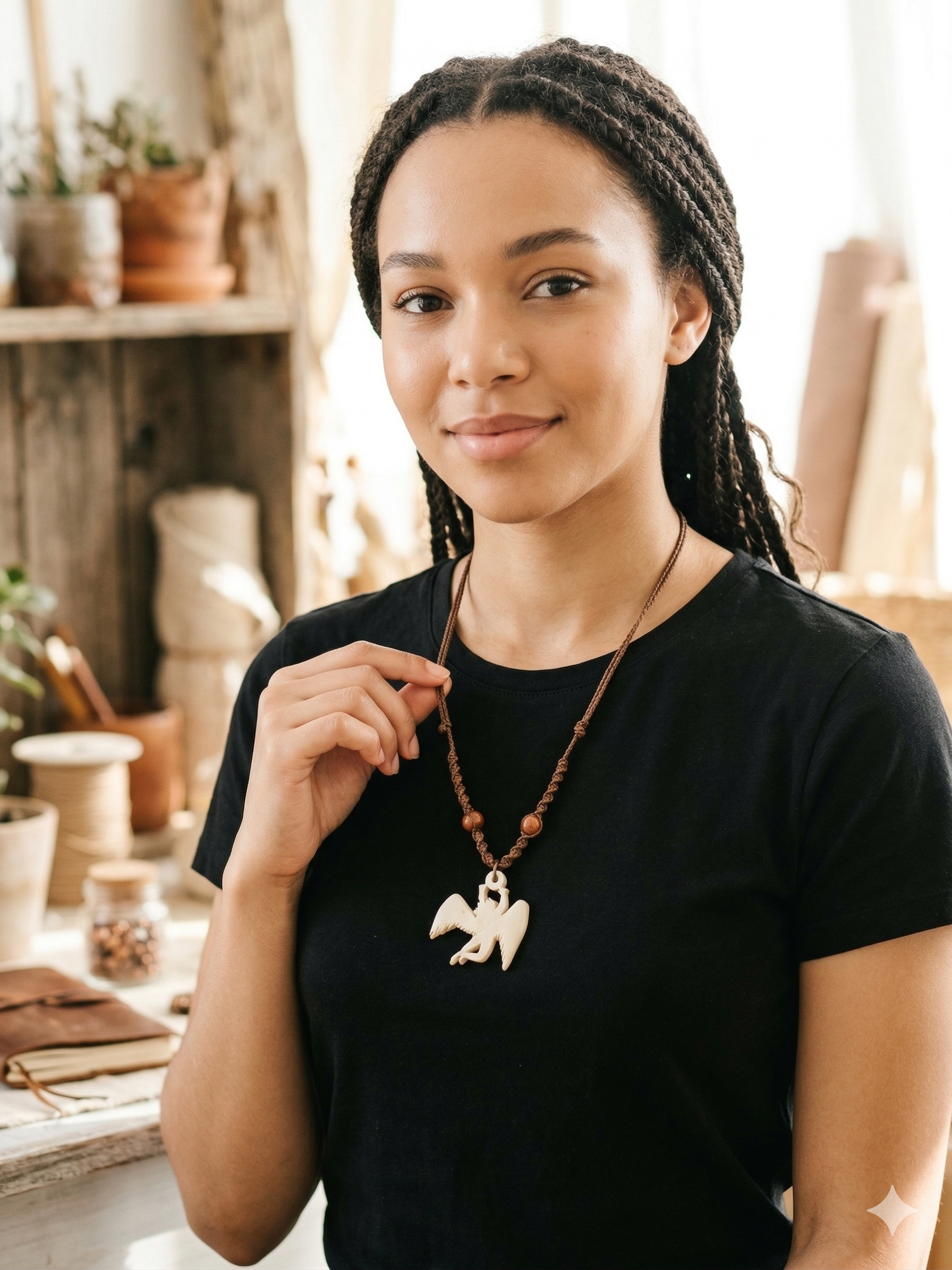 Macrame Necklace, Handmade Spiritual Carved Angel Pendant, Protection Necklace