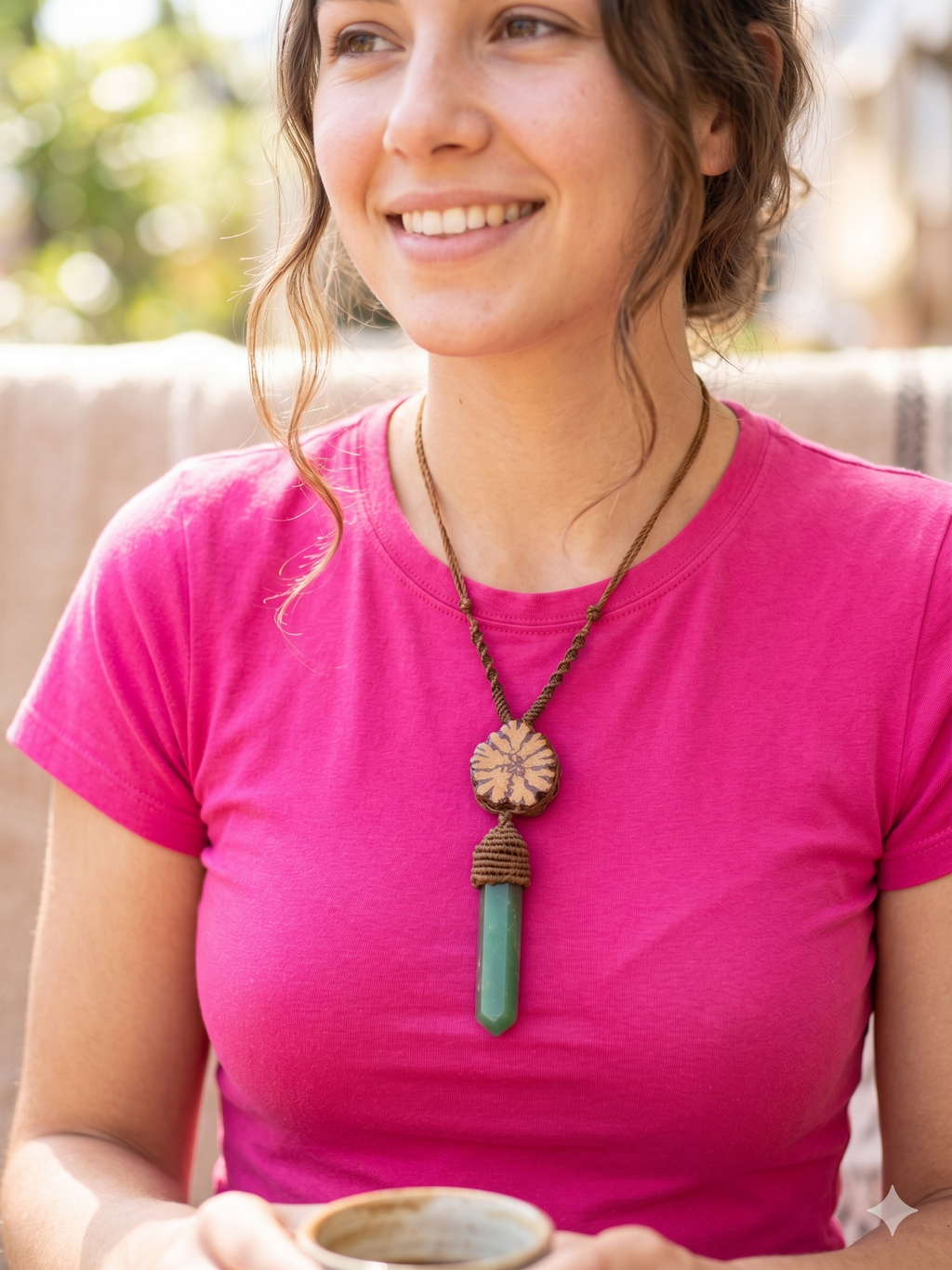 Handmade Macrame Necklace with Natural Green Stone and Ayahuasca Flower