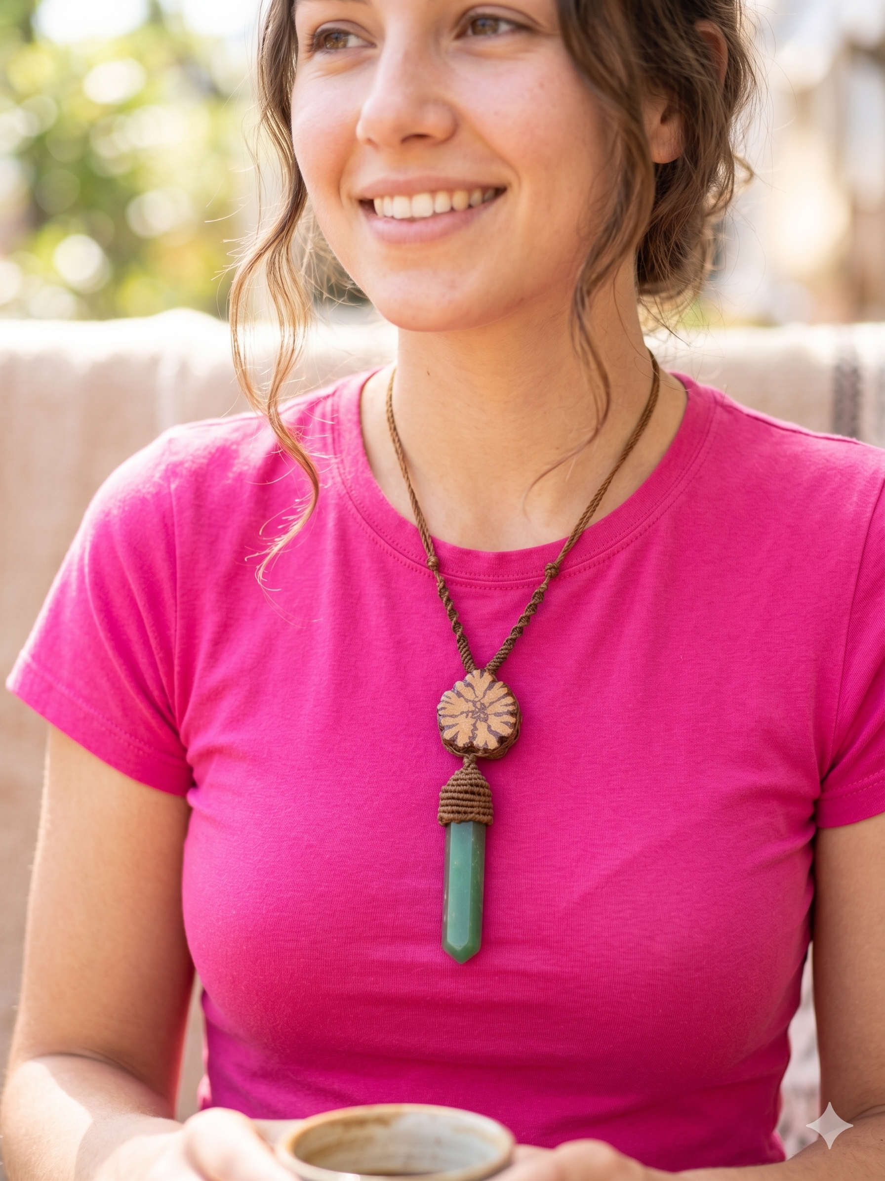 Handmade Macrame Necklace with Natural Green Stone and Ayahuasca Flower