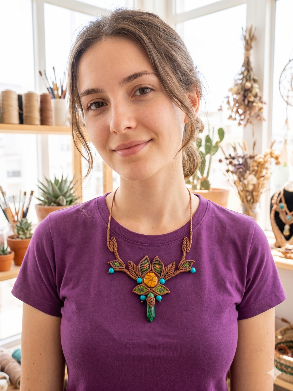Handmade Macrame Necklace with Natural Turquoise Ayahuasca Flower