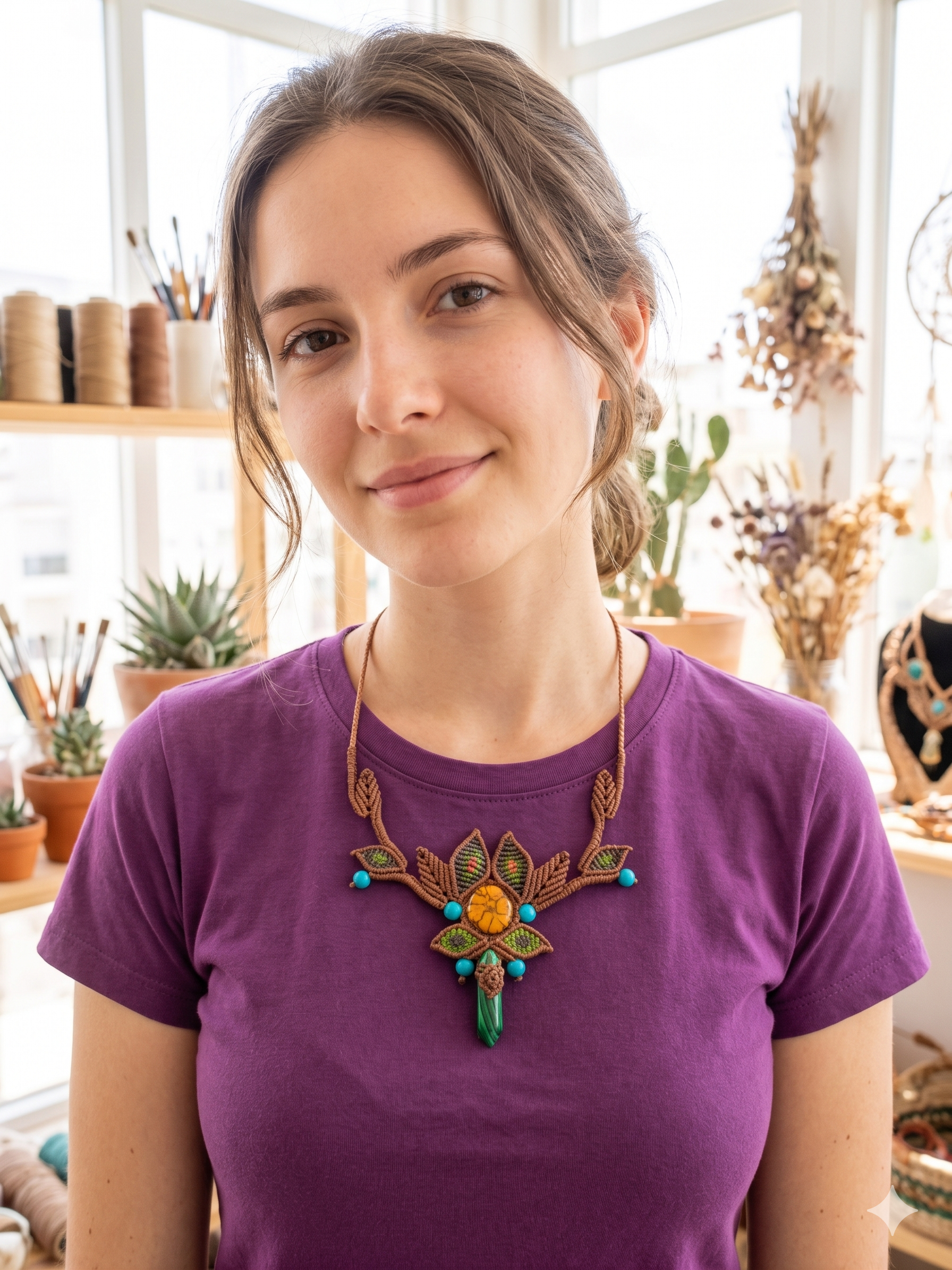 Handmade Macrame Necklace with Natural Turquoise Ayahuasca Flower