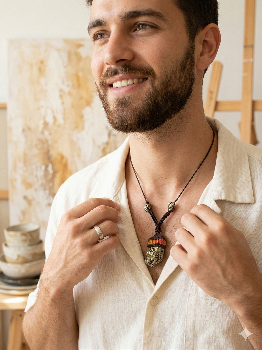Natural Pyrite Macrame Necklace Amulet for Abundance and Protection