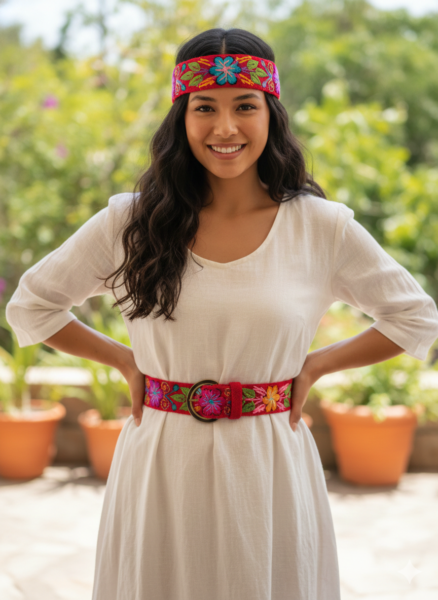 Knitted Woolen Floral Headband and Belt Set