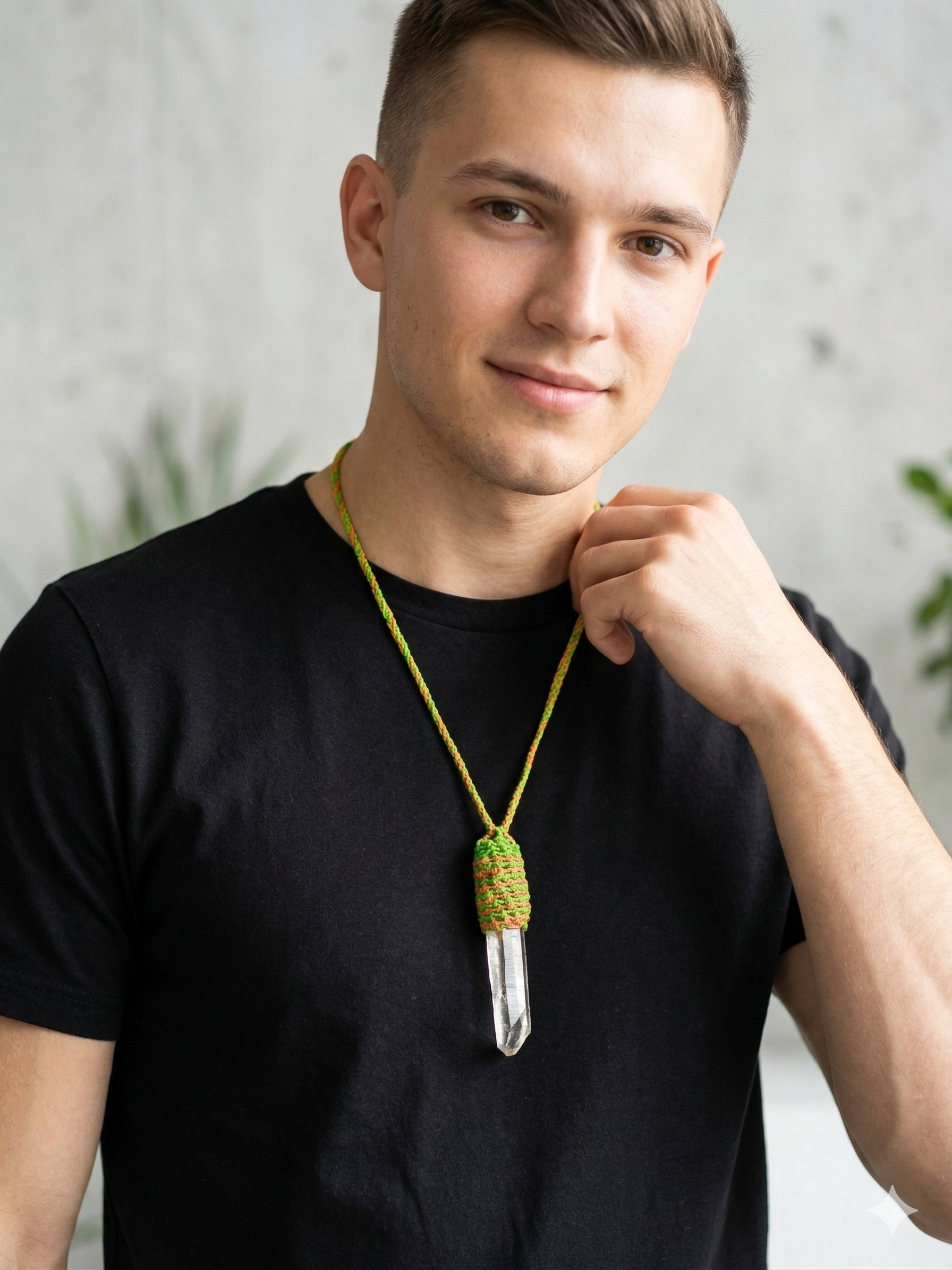 Unisex Necklace Crystal Quartz Hand Woven Macrame.