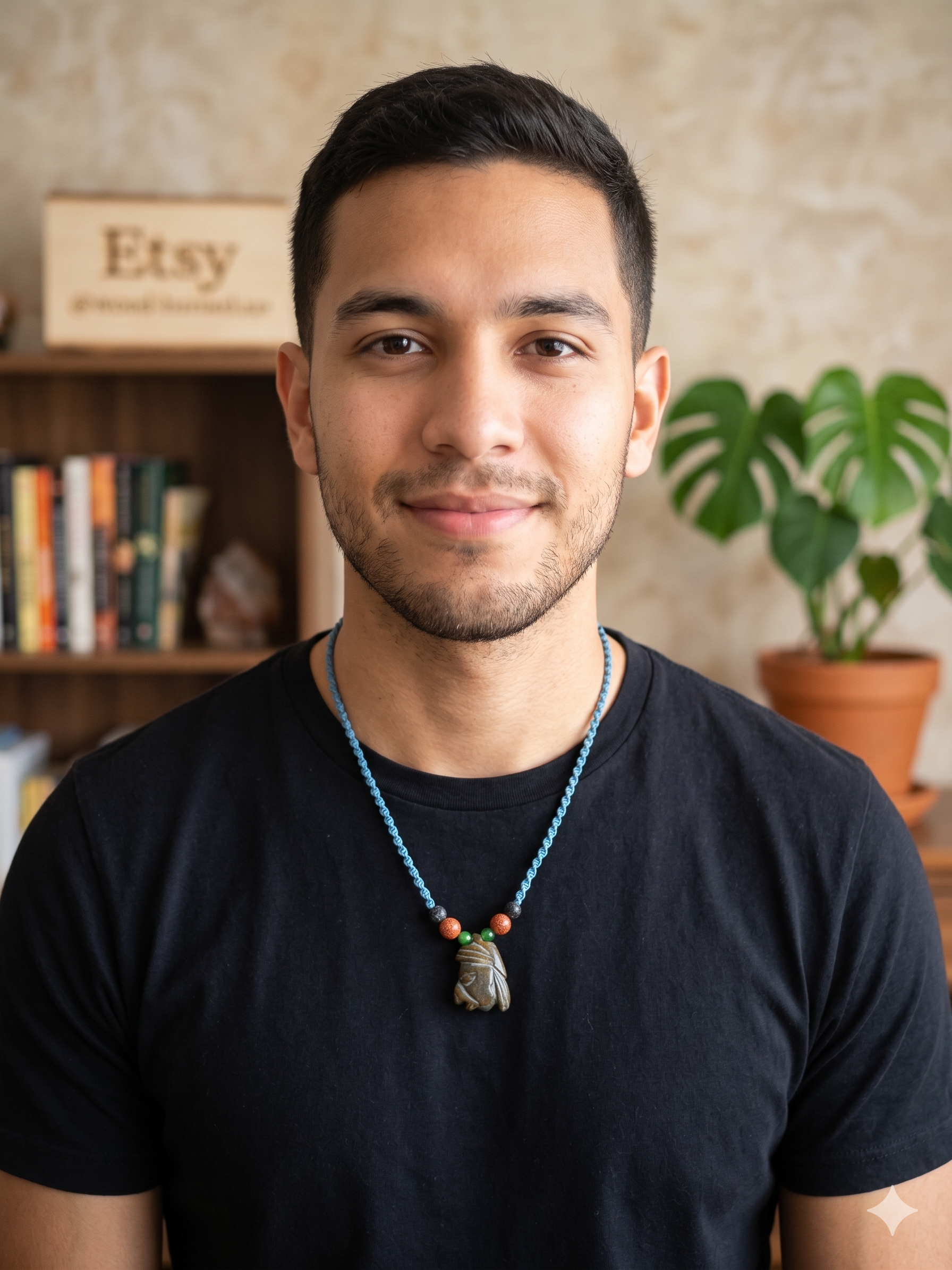 Macrame Necklace with Ancestral Face Carved Stone Pendant