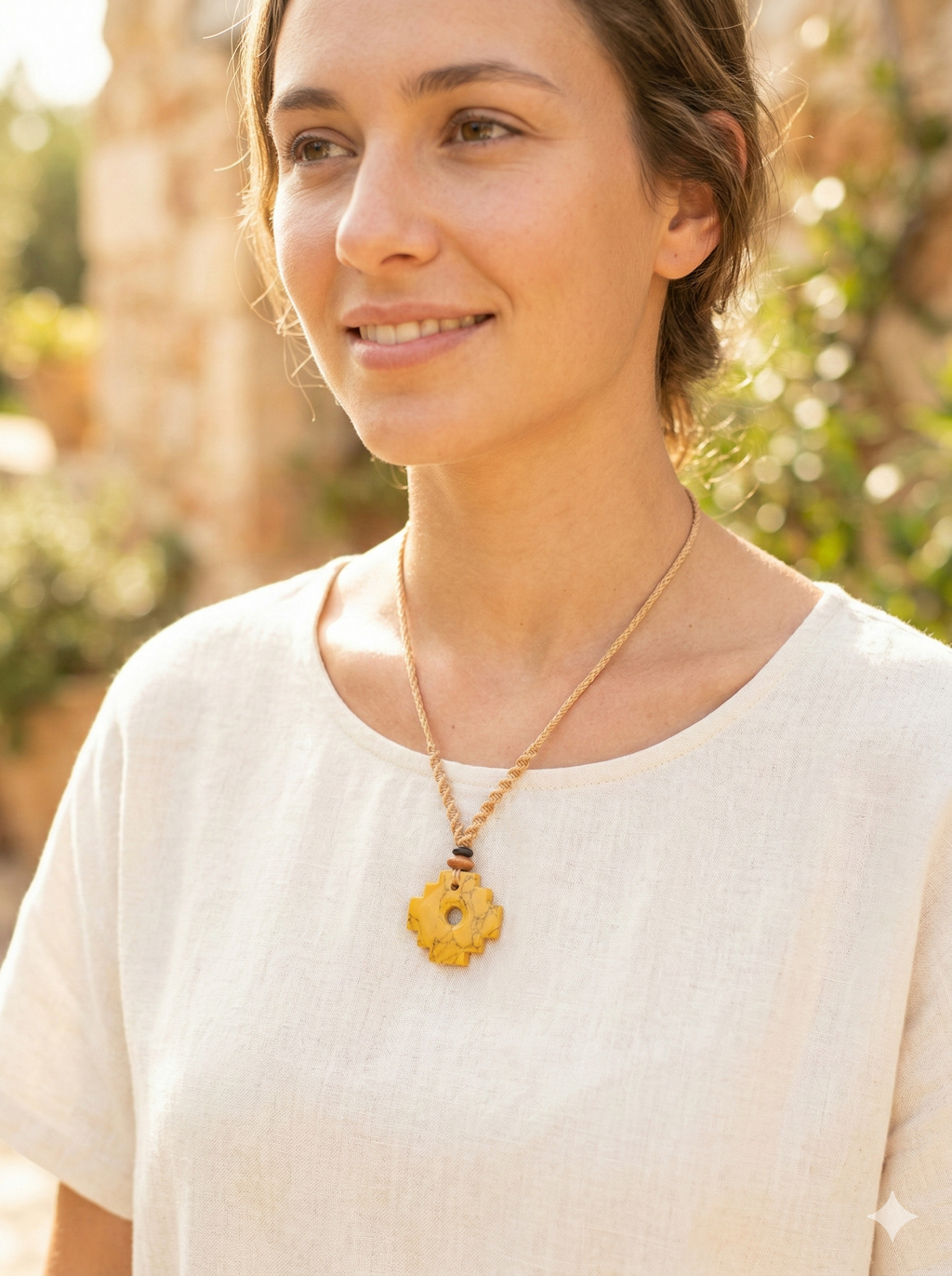 Inca Chakana Necklace with Natural Stone, Handwoven Macrame
