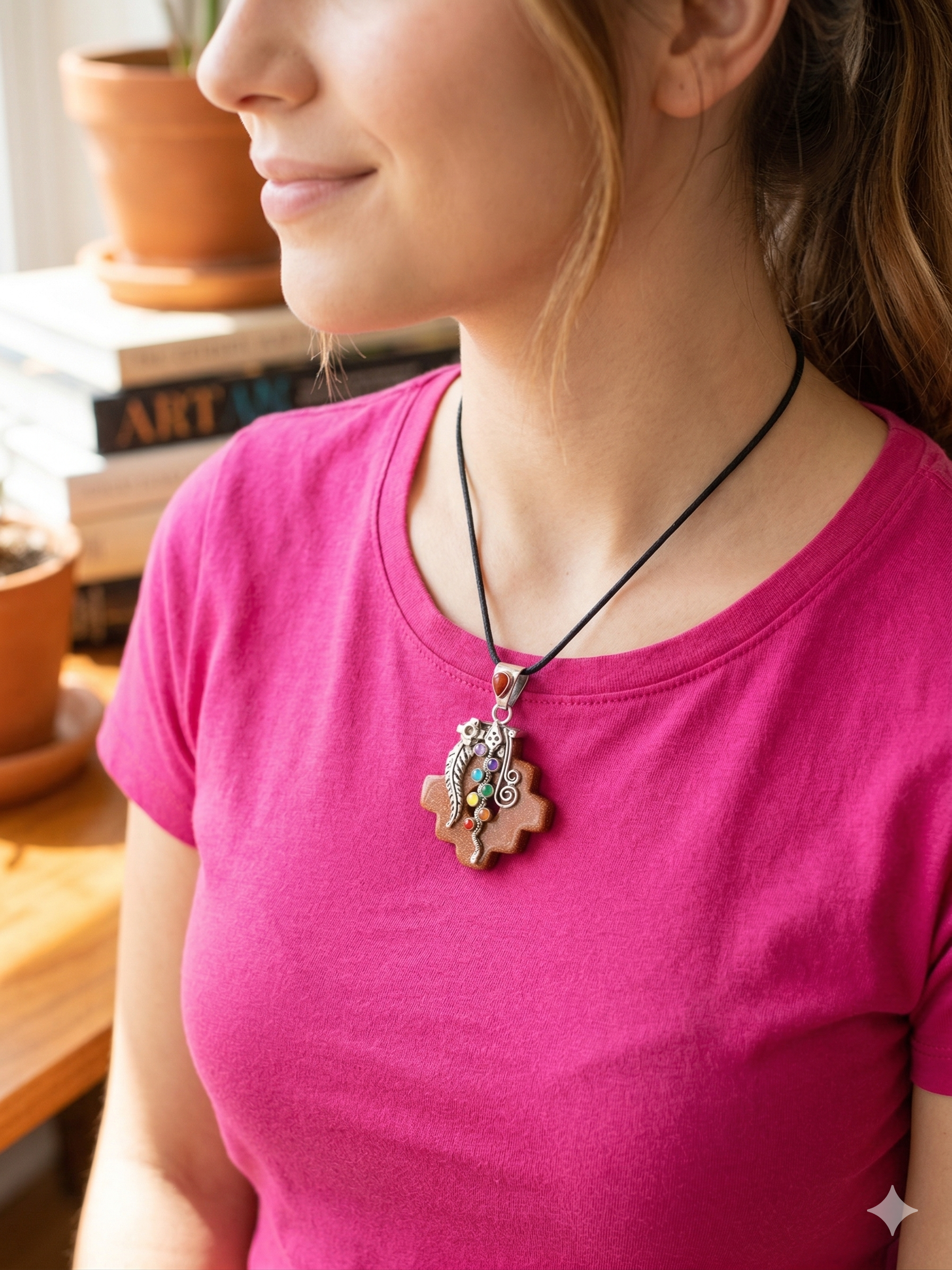 Chakana Inca Rain Gold Necklace 7 Chakra Stones Spiritual Amulet Handmade